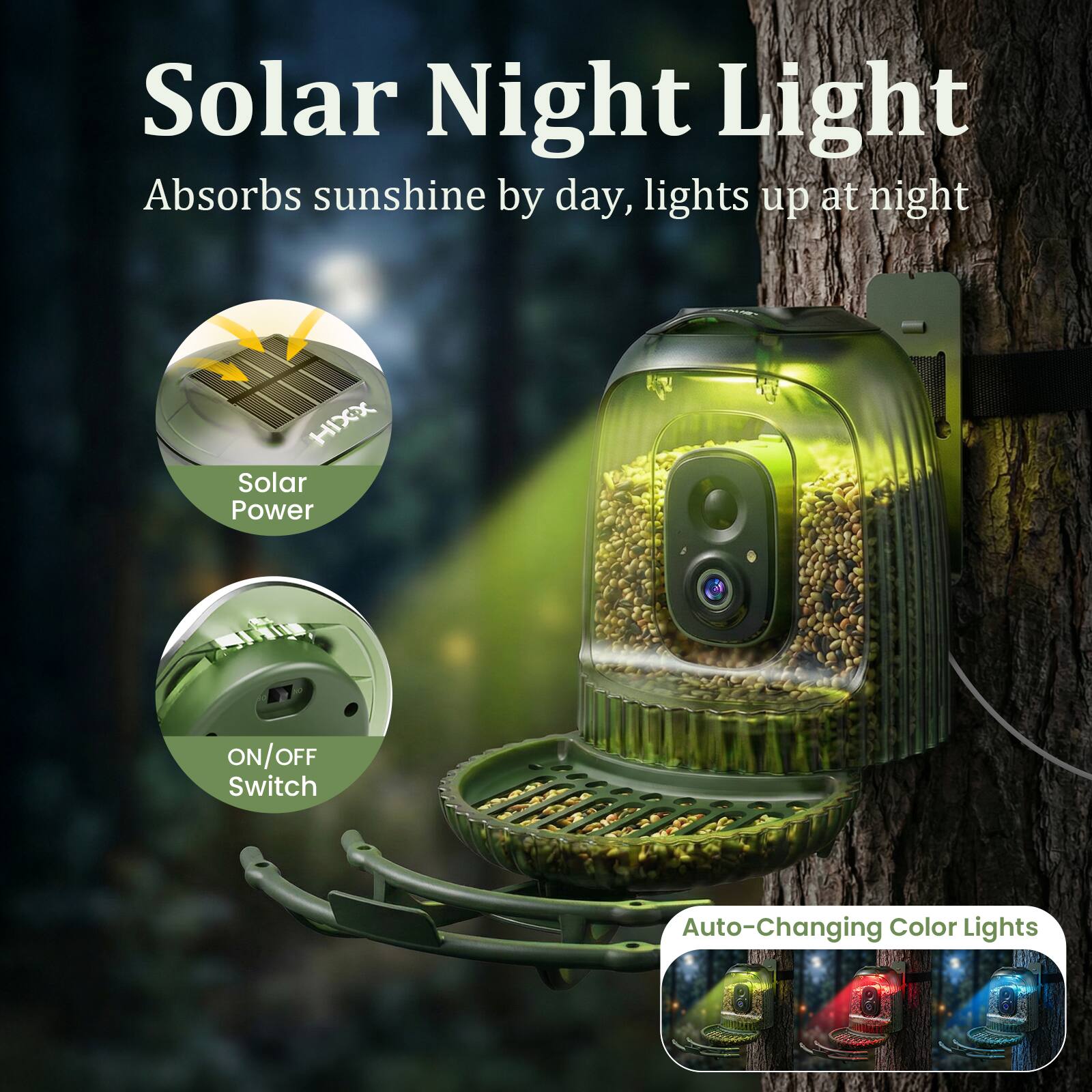 Solar Night Light  
Absorbs sunshine by day, lights up at night  

- Solar Power  
- ON/OFF Switch  
- Auto-Changing Color Lights