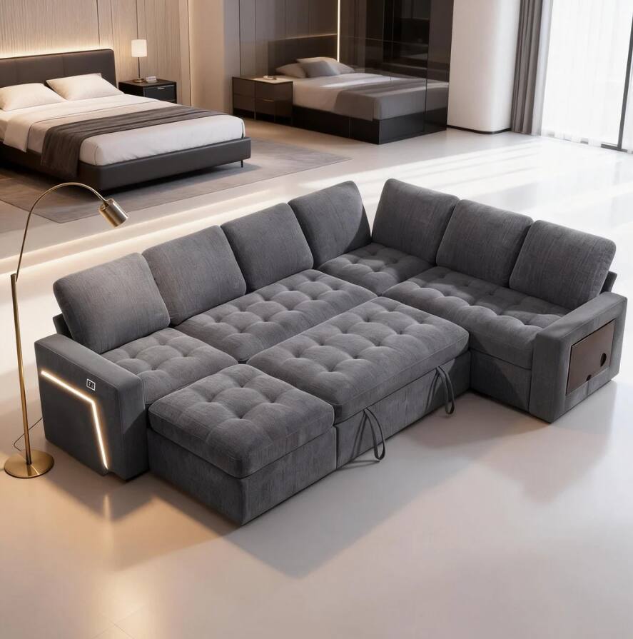 Front. Dyonery - Dyonery 7 Seat L Shaped Modular Sectional Sleeper Sofa Bed with Pull Out Bed/Reclining Backrest/USB Ports/Storage Seat - Grey.