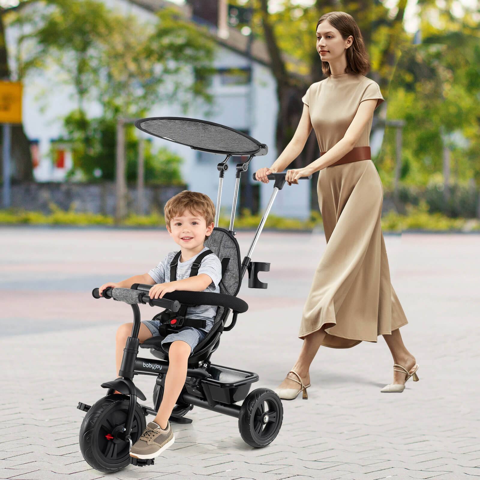 Alt View 1. Costway - Costway Toddler Tricycle, 7 in 1 Push Trike with Adjustable Canopy Parent Push Handle Seat - Gray,Black.