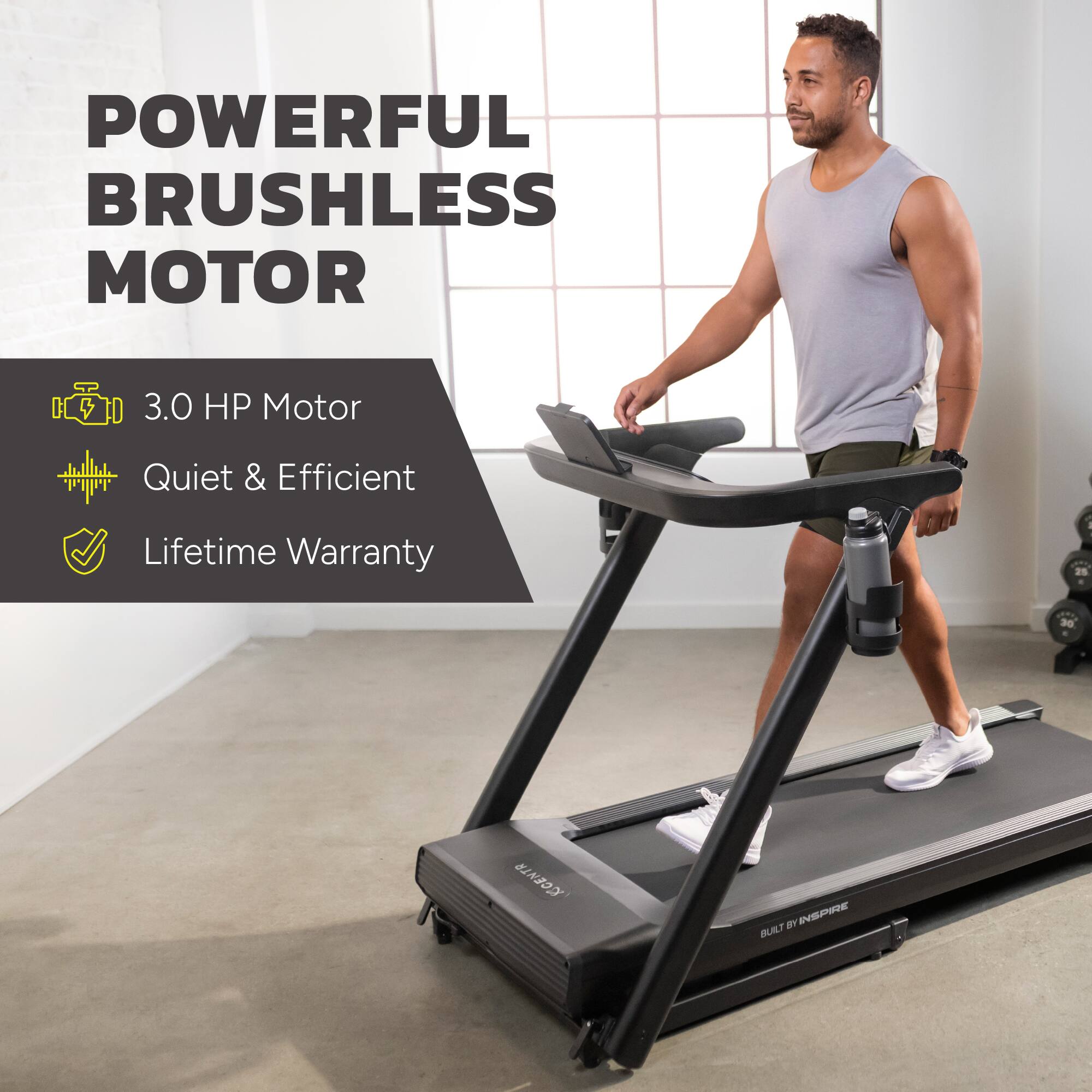 The text on the image reads "Powerful Brushless Motor & 3.0 HP Motor Quiet & Efficient Lifetime Warranty."