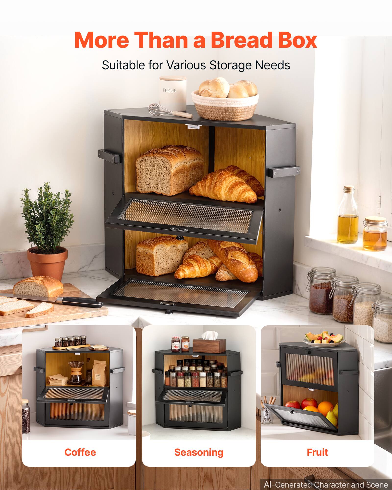 VEVOR Corner Bread Box for Kitchen Counter Bamboo Wood Container for ...