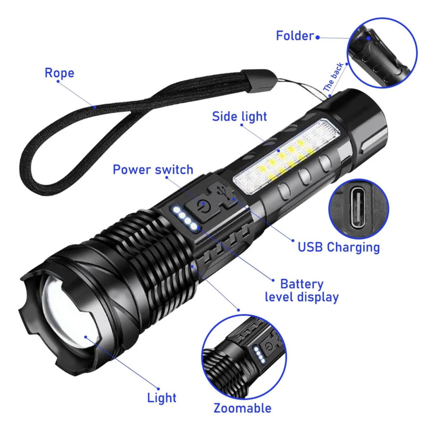 - Folder
- The back
- Rope
- Side light
- Power switch
- USB Charging
- Battery level display
- Light
- Zoomable