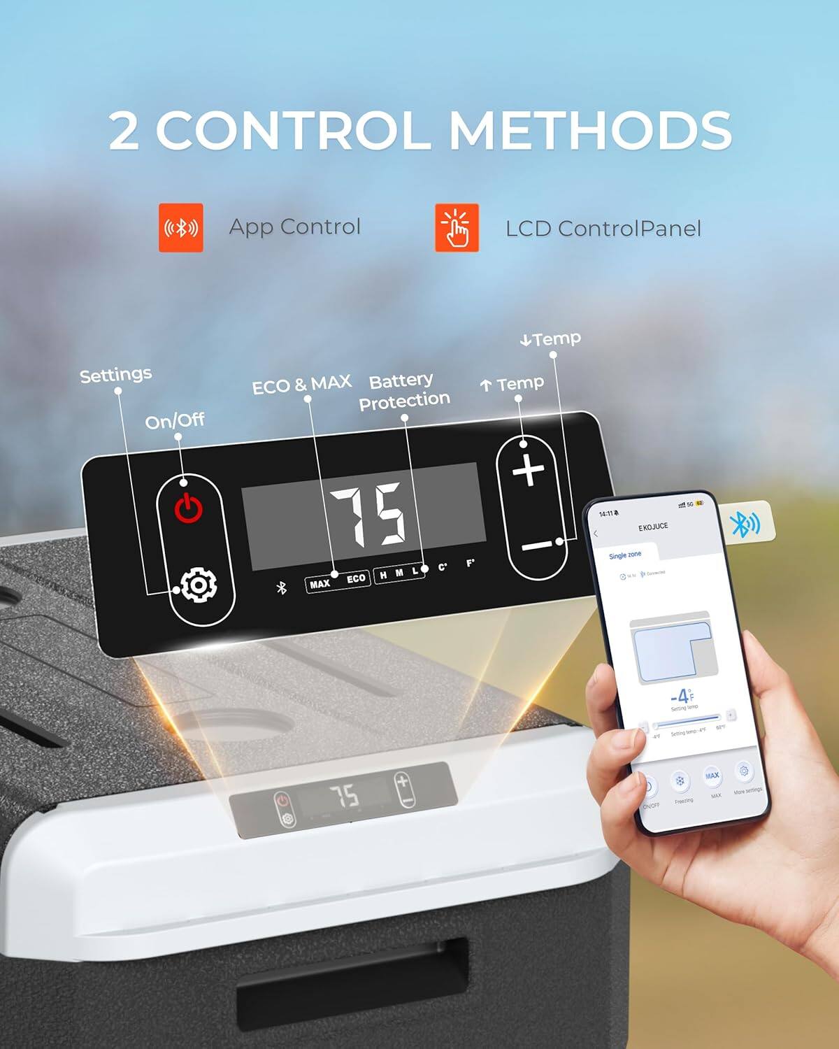 2 CONTROL METHODS

App Control
LCD Control Panel

Settings
On/Off
ECO & MAX
Battery Protection

Temp
+ & -

75

MAX
ECO
H
M
L

EXOUCE
Single zone
Settings temp
47°F

MAX
OFF
Freezing
MAX
More settings
