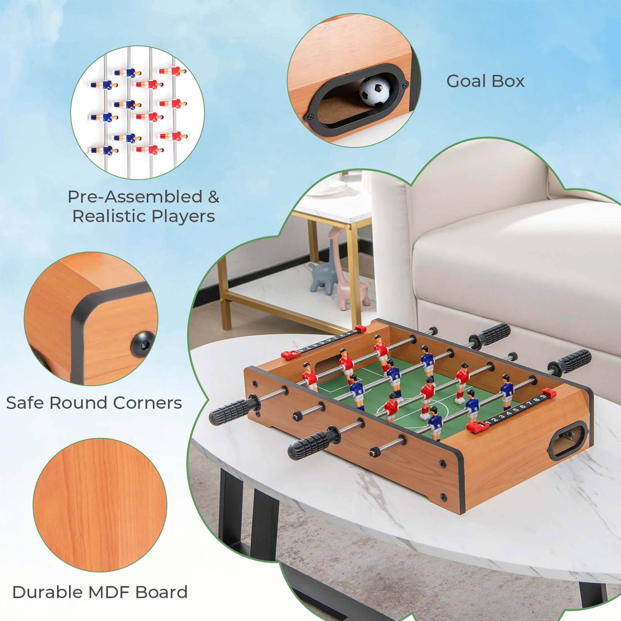 The text on the image is grouped and corrected as follows:

1. Pre-Assembled & Realistic Players: The players are pre-assembled and realistic, making the game more engaging and enjoyable.
2. Safe Round Corners: The corners of the table are rounded, ensuring the safety of the players and reducing the risk of injury.
3. Durable MDF Board: The table is made of durable MDF (Medium Density Fiberboard) material, providing a sturdy and long-lasting surface for the game.
4. Goal Box: The table features a goal box, which is an essential part of the soccer game, allowing players to score points by kicking the ball into the opposing team's goal.