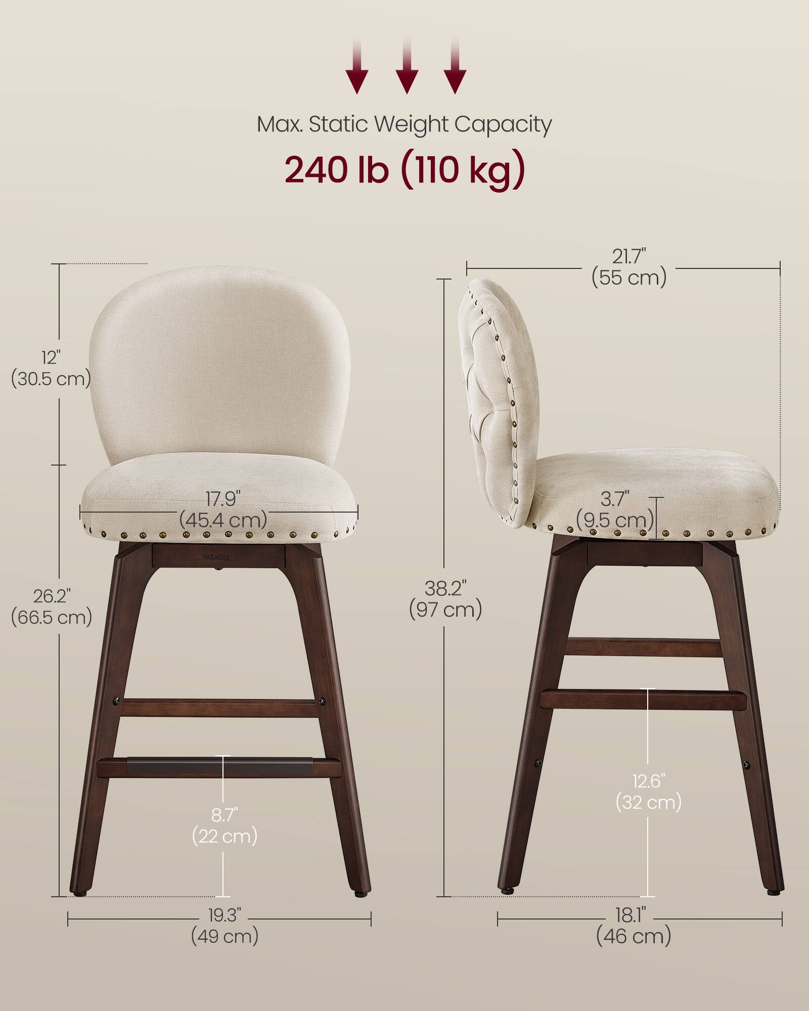 Max. Static Weight Capacity: 240 lb (110 kg)

- Seat Height: 21.7" (55 cm)
- Seat Depth: 12" (30.5 cm)
- Seat Width: 17.9" (45.4 cm)
- Seat Thickness: 3.7" (9.5 cm)
- Overall Height: 38.2" (97 cm)
- Back Height: 26.2" (66.5 cm)
- Back Width: 19.3" (49 cm)
- Base Width: 18.1" (46 cm)
- Base Depth: 12.6" (32 cm)
- Base Height: 8.7" (22 cm)