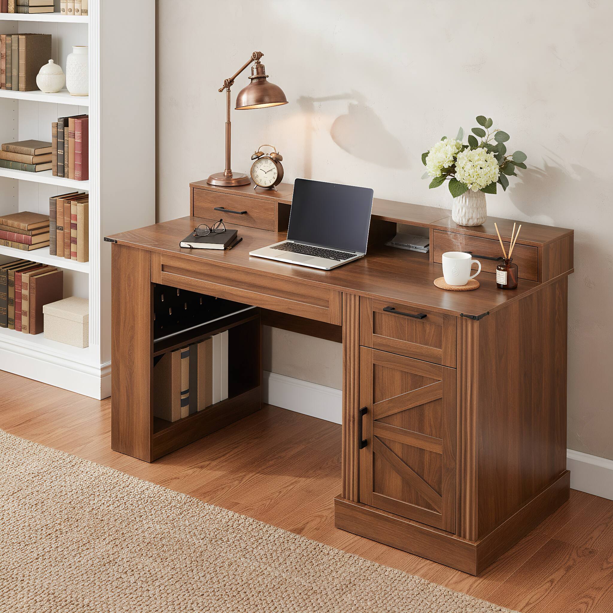 Angle. Loheer - Loheer Farmhouse Office Desk 55 Inch Dark Walnut Computer Desk with Charging Station, Keyboard Tray, Monitor Stand - Dark Walnut.