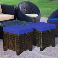 Costway 2PCS Patio Rattan Ottoman Cushioned Seat Foot Rest Coffee Table - Navy - Front_Zoom