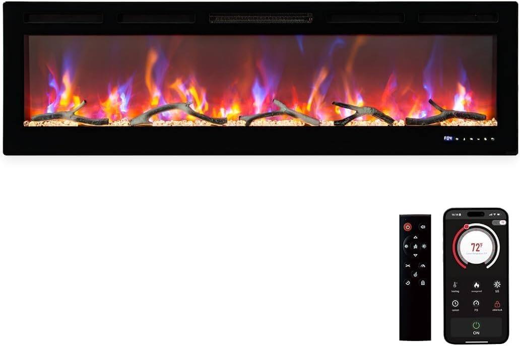 GARVEE - 90-Inch Built-in Electric Fireplace Wall-Mounted Adjustable Thermostat Quiet for Bedroom Living Room
