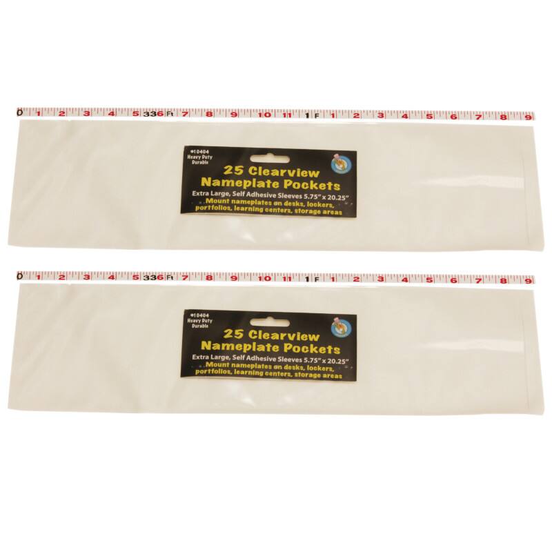 25 Clearview Nameplate Pockets  
Extra Large, Self Adhesive Sleeves 5.75" x 20.25"  
Mount nameplates on desks, lockers, portfolios, learning centers, storage areas  

#18404  
Heavy Duty  
Yellowish