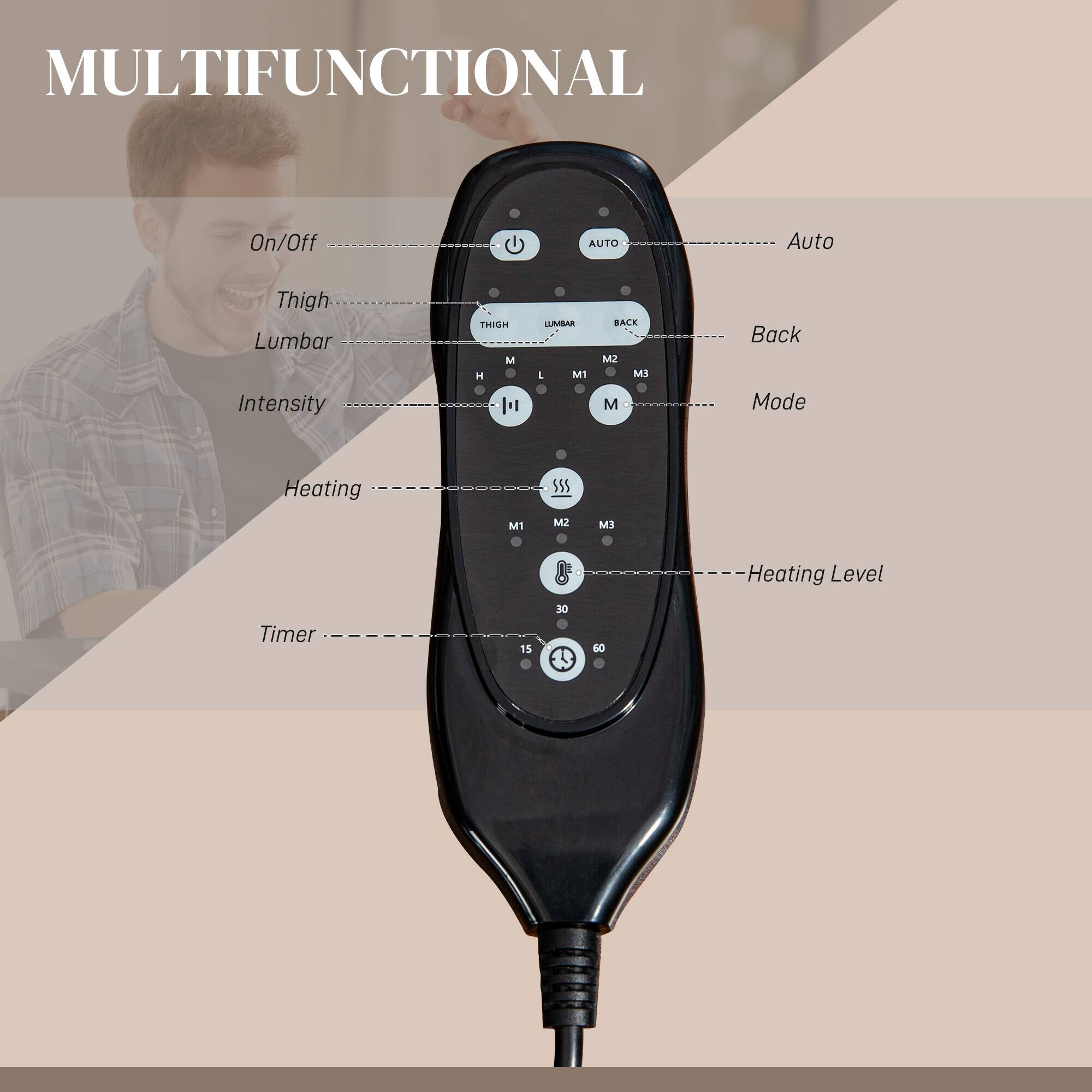 MULTIFUNCTIONAL
On/Off
AUTO
Auto
Thigh
Lumbar
Intensity
THIGH
M
H
BACK
M1
M2
M3
Mode
Heating
555
MI
Back
Heating Level
Timer
15
30
60