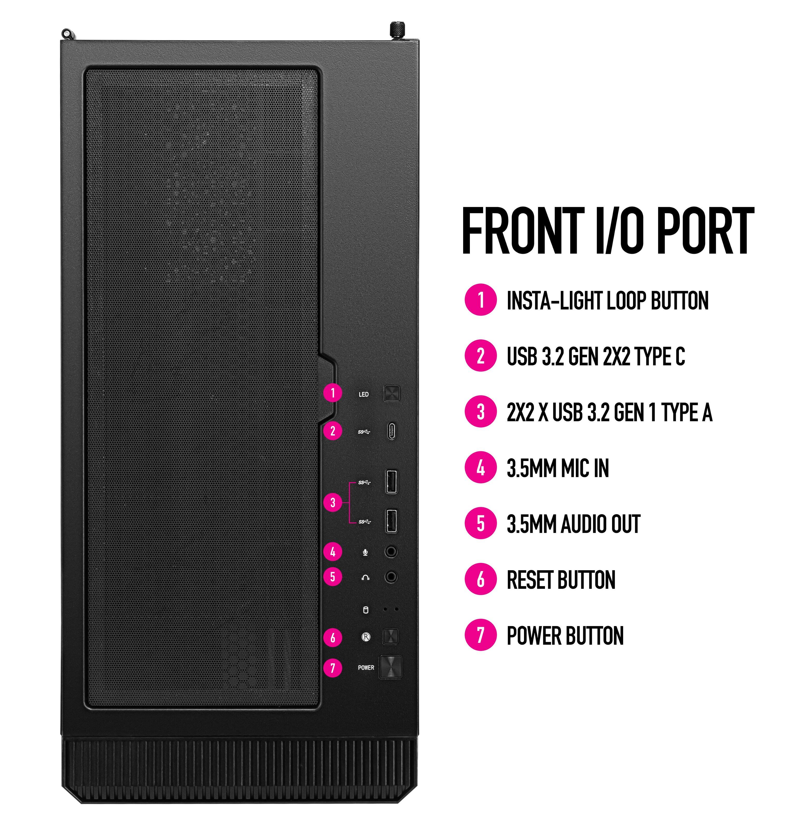 FRONT 1/O PORT 1 INSTA-LIGHT LOOP BUTTON 2 USB 3.2 GEN 2X2 TYPE C 1 2 USB 3.2 GEN 1 TYPE A 3 2X2 X USB 3.2 GEN 1 TYPE A 4 3.5MM MIC IN 3 3.5MM AUDIO OUT RESET BUTTON 5 6 3.5MM AUDIO OUT POWER BUTTON 1