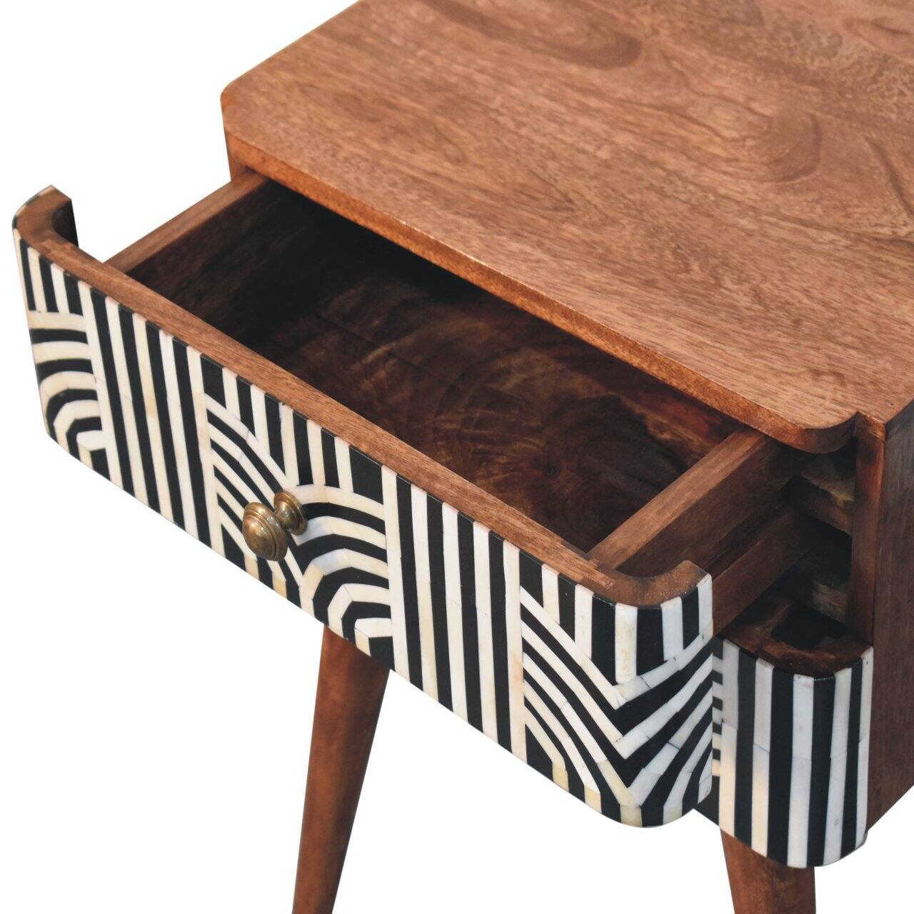 Alt View 2. Artisan Furniture - Artisan Furniture Solid Wood Honey Caramel Edessa Bone Inlay Bedside, 2 Drawers, Nordic Legs, Black and White - Caramel.
