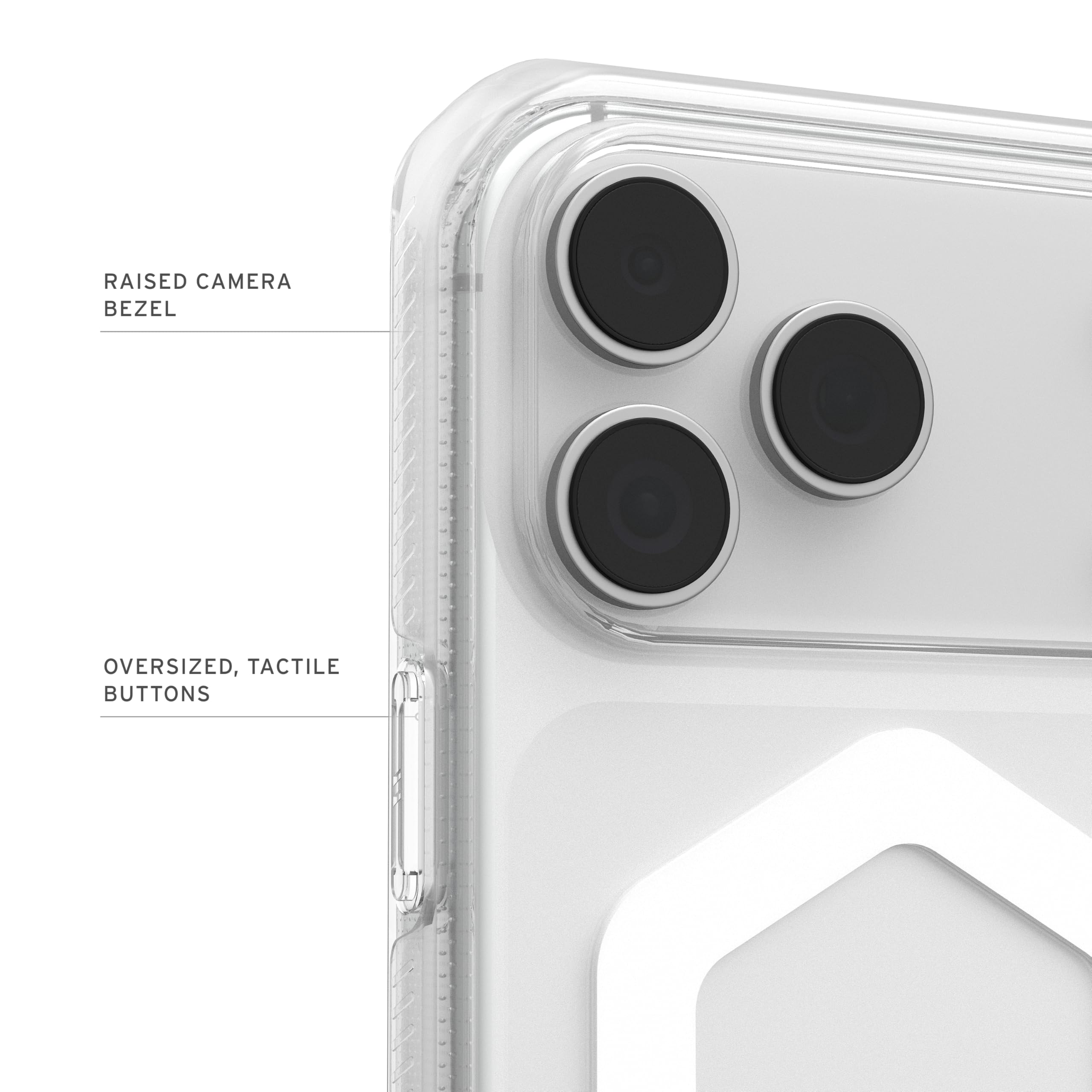 RAISED CAMERA BEZEL  
OVERSIZED, TACTILE BUTTONS