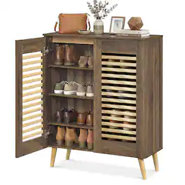 Costway - Shoe Cabinet with 2 Louvered Doors&3 Removable Shelves,5-Tier Narrow Cabinet - Walnut