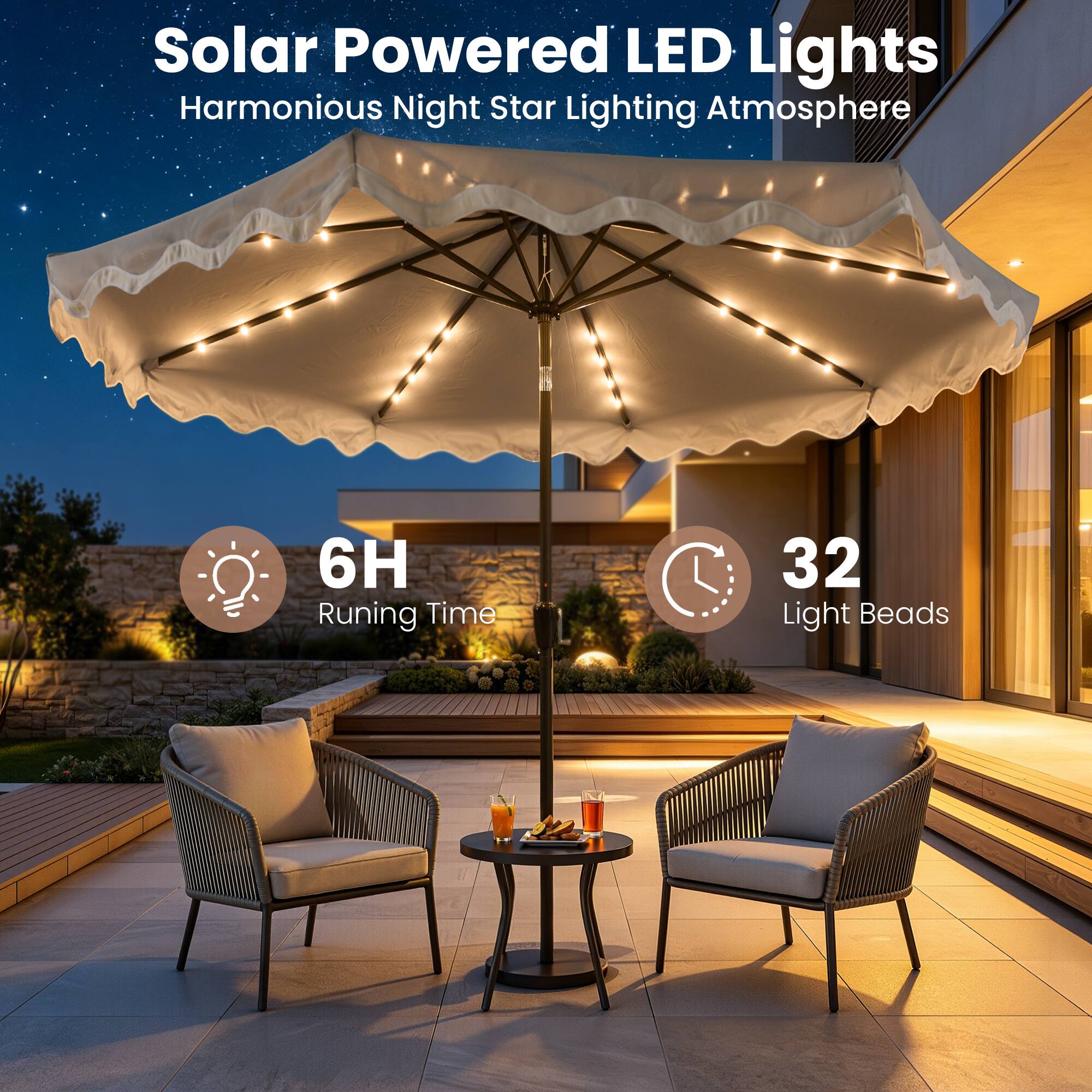 Solar Powered LED Lights  
Harmonious Night Star Lighting Atmosphere  
6H Running Time  
32 Light Beads