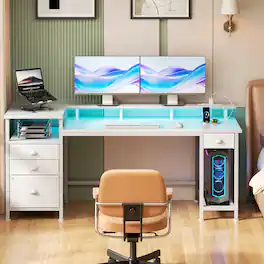 Furnulem - Gaming Desk with LED Lights Power Outlets Monitor Stand Home Office Desk with 3 Fabric Drawers 1 File Cabinet - White