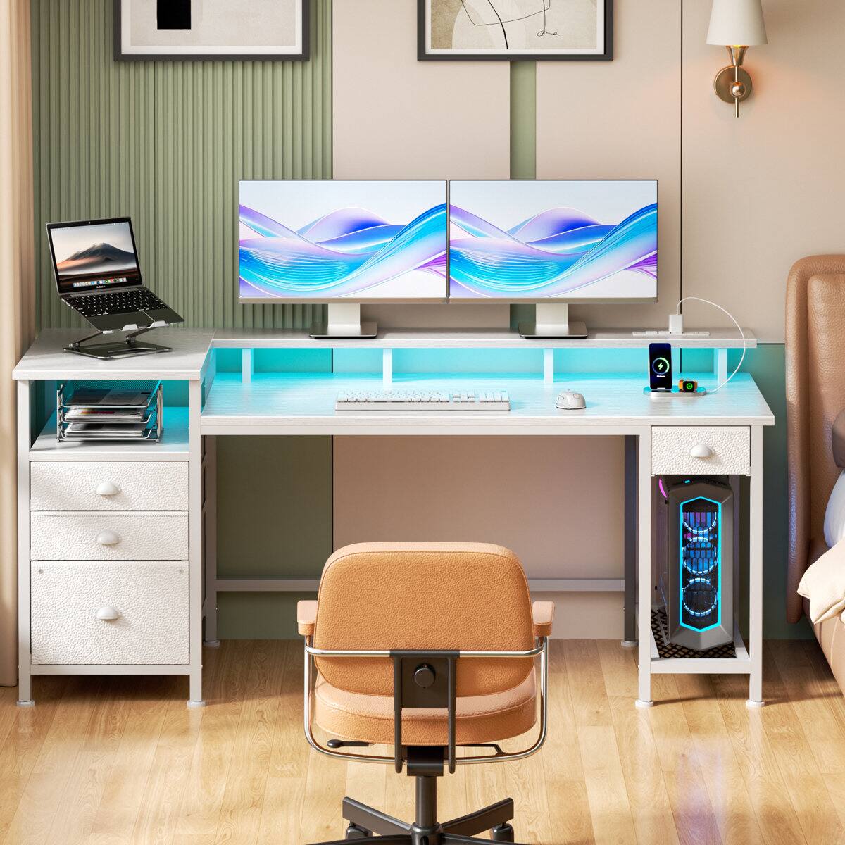 Furnulem - Gaming Desk with LED Lights Power Outlets Monitor Stand Home Office Desk with 3 Fabric Drawers 1 File Cabinet - White