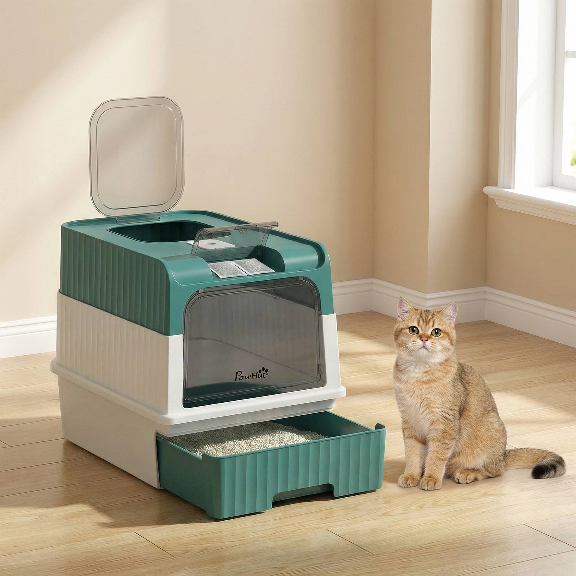 Alt View 7. Pawhut - Litter Box Hooded Cat Litter Tray with Drawer Pan Front Entry & Top Exit Easy Cleaning - Teal.
