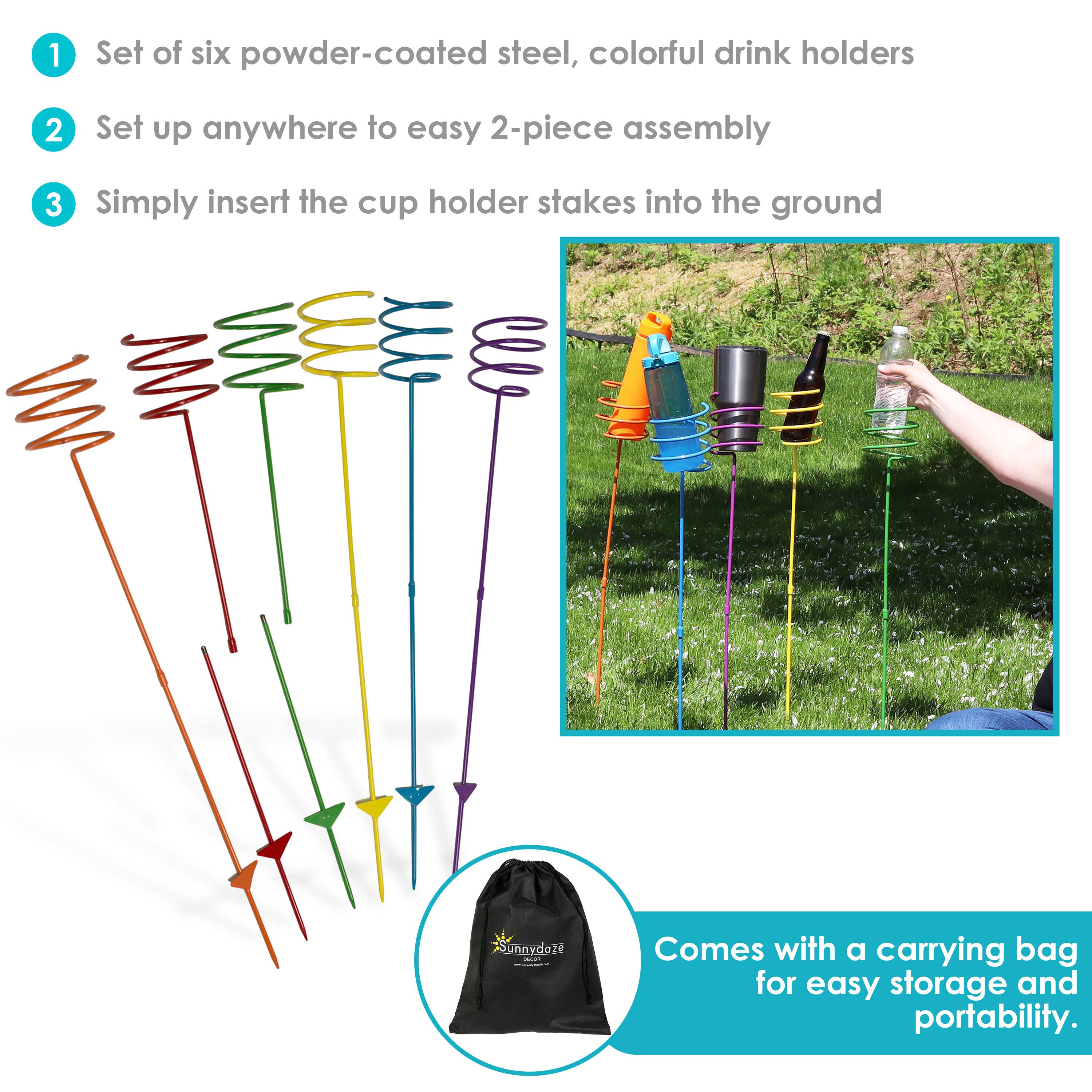 1. Set of six powder-coated steel, colorful drink holders  
2. Set up anywhere for easy 2-piece assembly  
3. Simply insert the cup holder stakes into the ground  

Comes with a carrying bag for easy storage and portability.