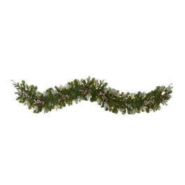 BreeBe - 6' x 12” Flocked Garland, 120 TIPS, 50 LEDs adn Berries - Green