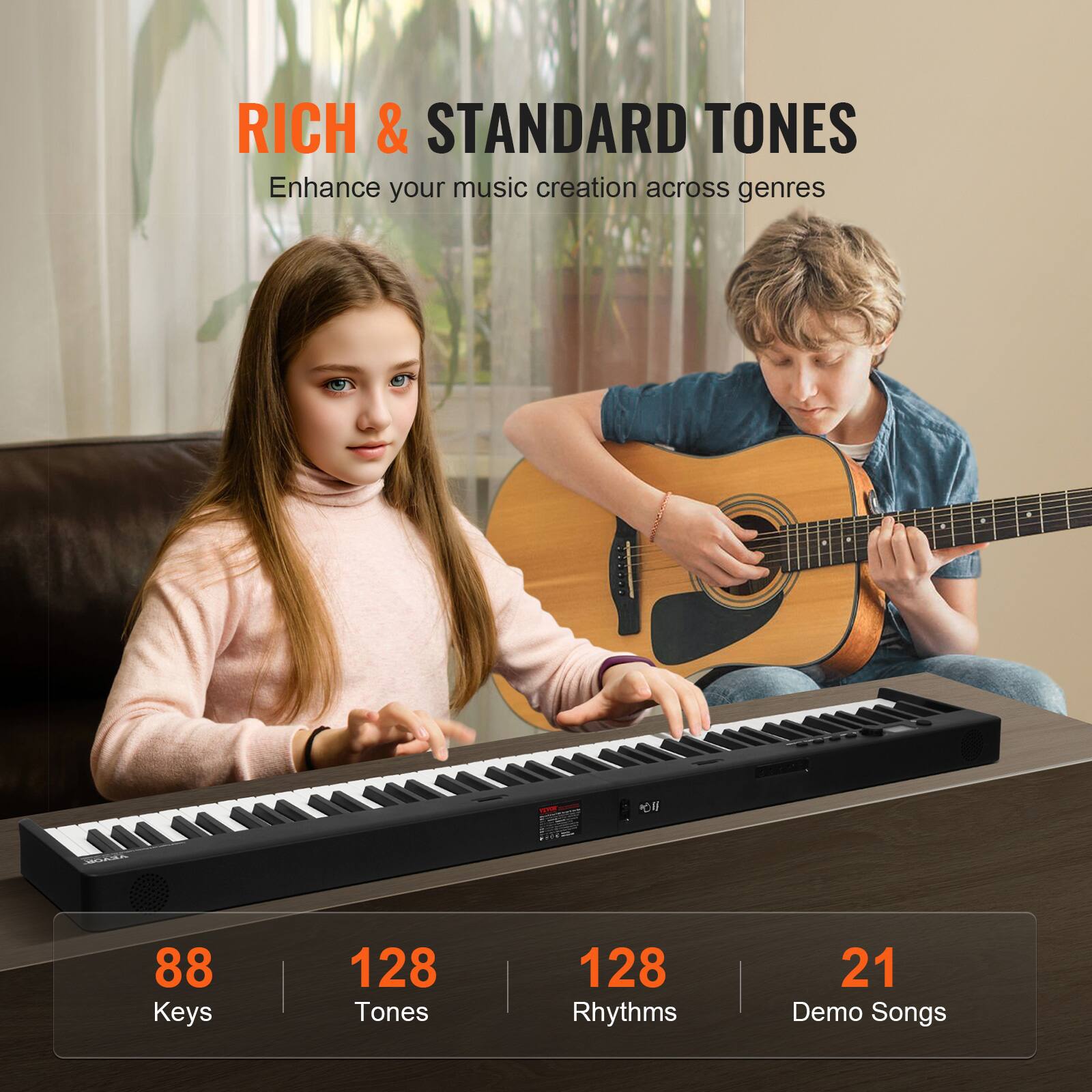 RICH & STANDARD TONES  
Enhance your music creation across genres  

88 Keys  
128 Tones  
128 Rhythms  
21 Demo Songs