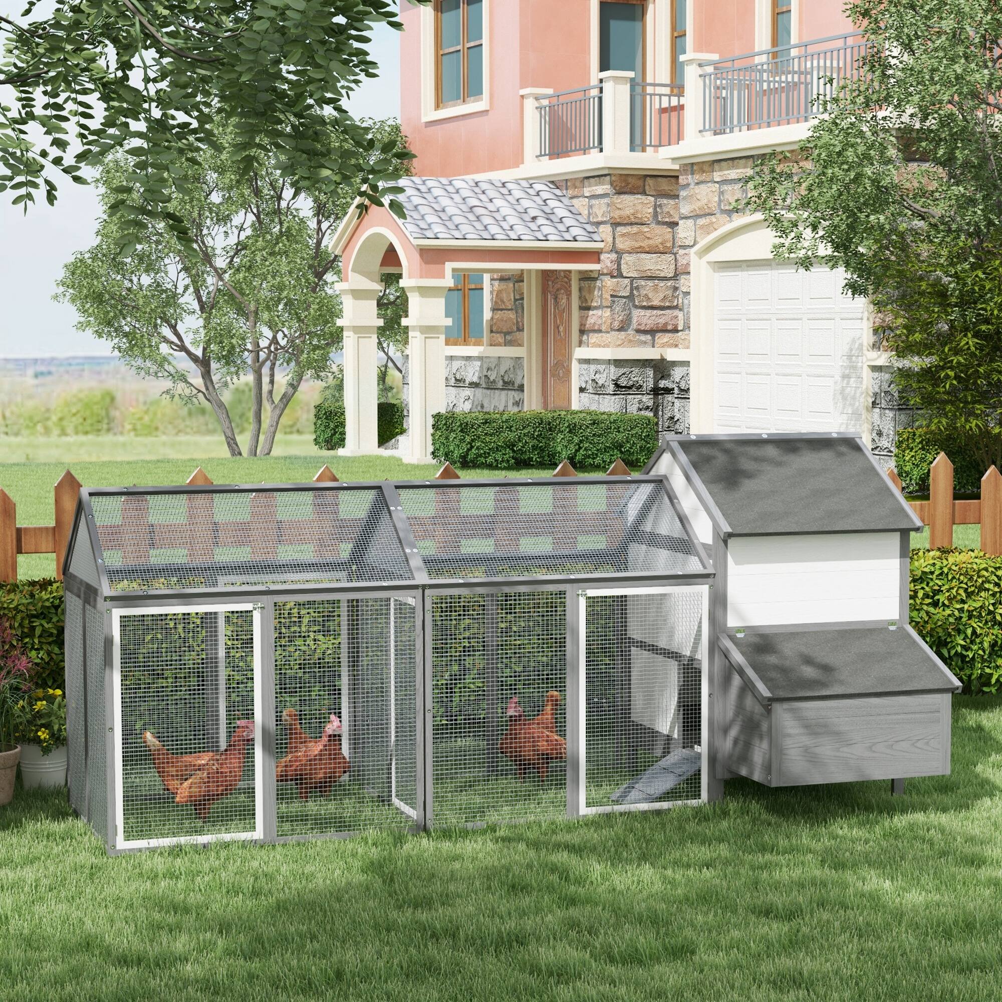 Angle. Pawhut - 100" Large Wooden Chicken Coop Rabbit Hutch Poultry Cage Hen Pen with Double Run, Nesting Box for Backyard.