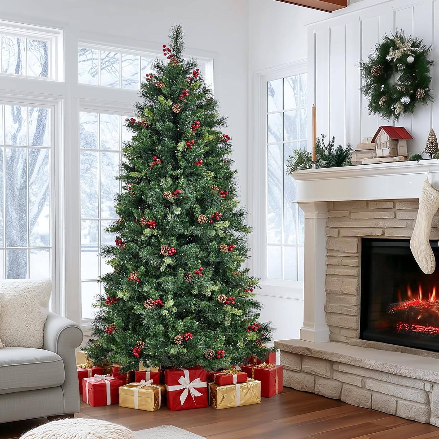 Front. GARVEE - 2025 Christmas Starry Tree with Pine Cones & Red Berries, 6ft, Realistic Needles for Modern Holiday Decor - 6ft.