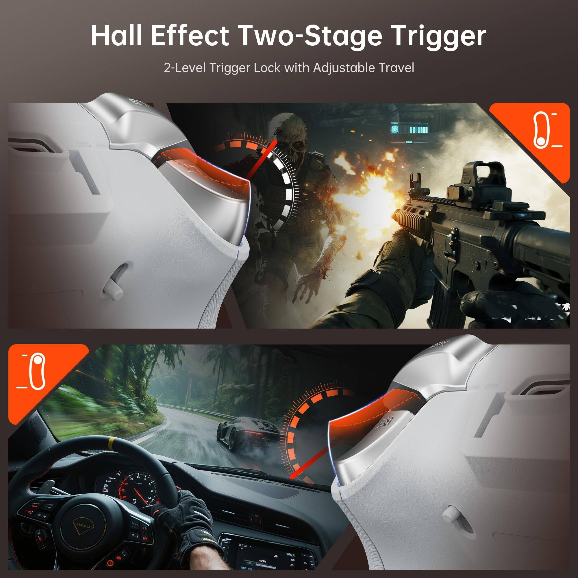 Hall Effect Two-Stage Trigger  
2-Level Trigger Lock with Adjustable Travel