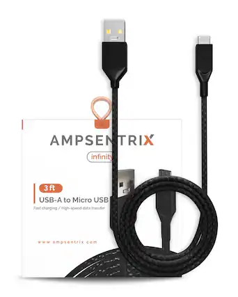 X AMPSENTRIX infinity 3 ft USB-A to Micro USB Fast charging / high-speed data transfer www.ampsentrix.com