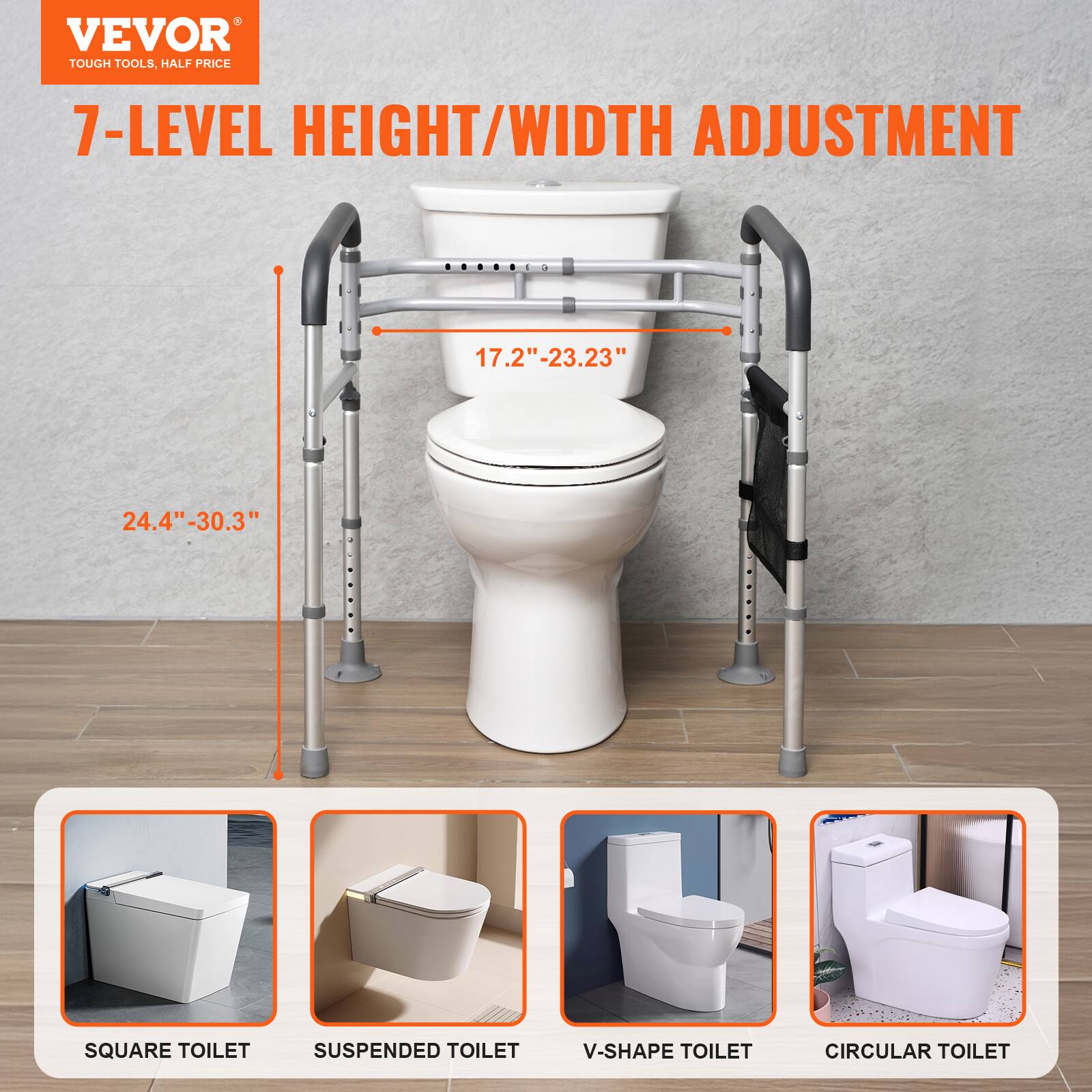 VEVOR TOUGH TOOLS, HALF PRICE 7-LEVEL HEIGHT/WIDTH ADJUSTMENT 17.2"-23.23" 24.4" -30.3" SQUARE TOILET SUSPENDED TOILET V-SHAPE TOILET CIRCULAR TOILET