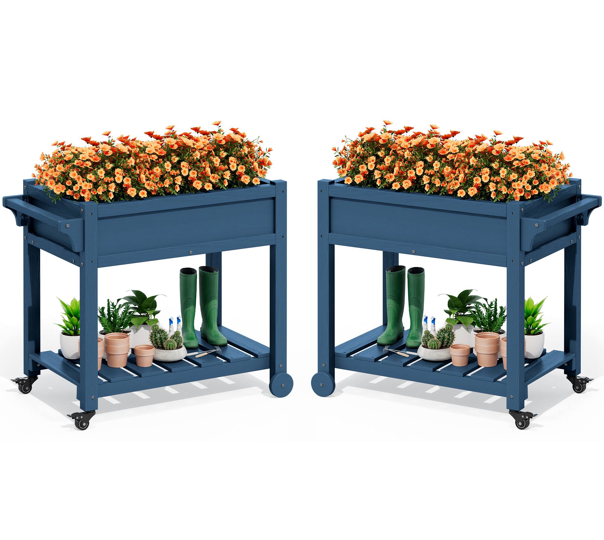 Alt View 4. SERWALL - SERWALL Raised Garden Bed on Wheels with Storage Shelf Set of 2,Navy - Navy.