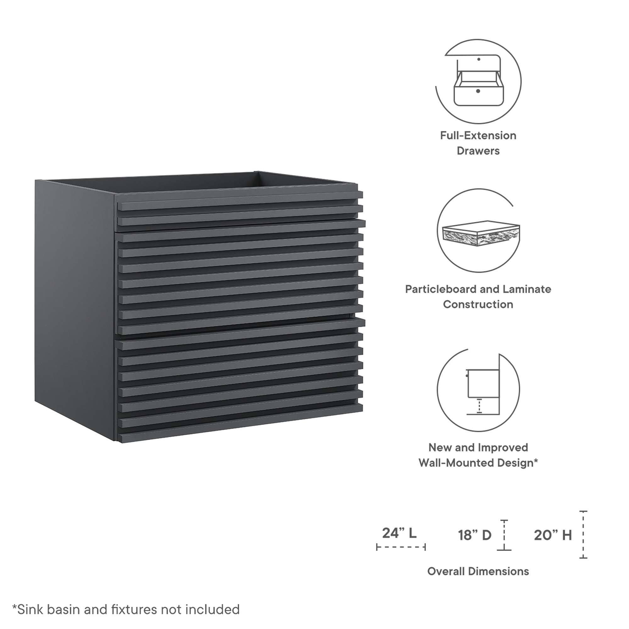 Full-Extension Drawers  
Particleboard and Laminate Construction  
New and Improved Wall-Mounted Design*  

24" L x 18" D x 20" H Overall Dimensions  

*Sink basin and fixtures not included