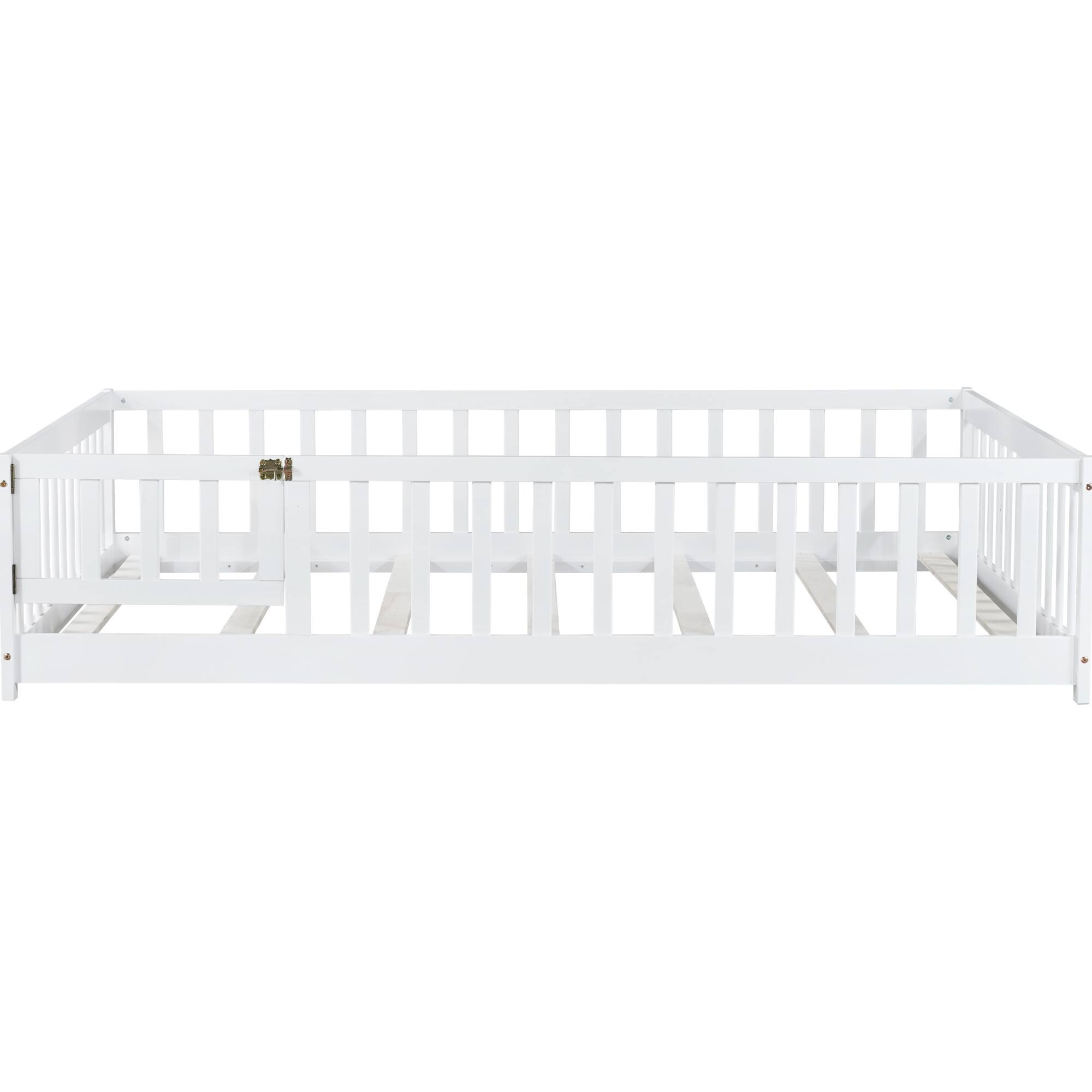 Alt View 10. GOODSILO - Full Size Low Profile Children's Floor Bed with Safety Guardrails and Entry Door, Solid Wood Construction - White.