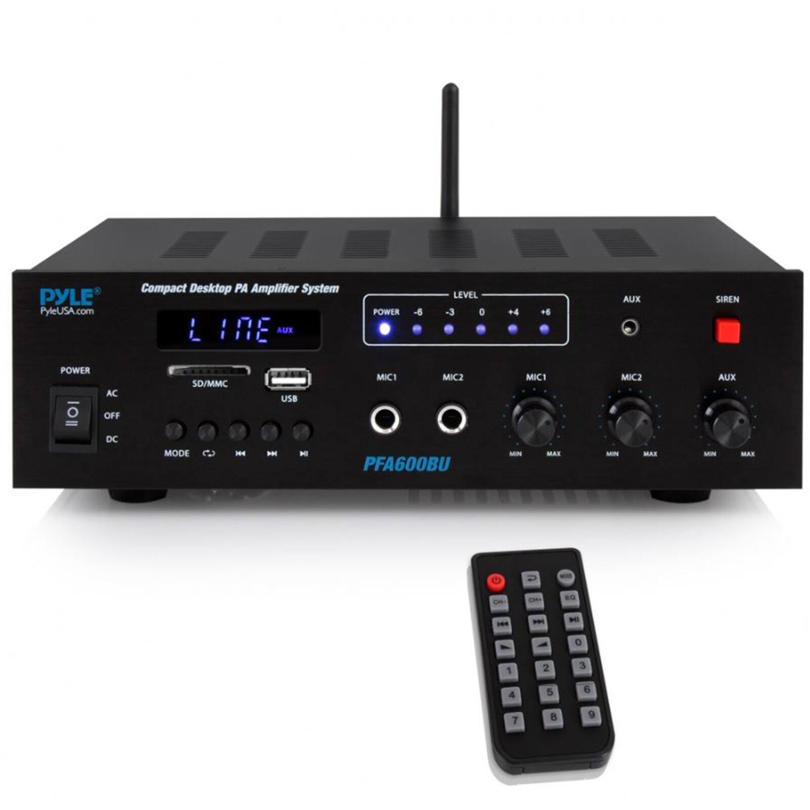 PYLE PyleUSA.com Compact Desktop PA Amplifier System  
L 1RE  
AUX POWER LEVEL 0 +4 +5  
AUX SIREN POWER  
AC SD/MMC USB MIC1 MIC2  
MIC1 MIC2 AUX OFF DC MODE  
H PN H PFA600BU  
MIT ME MIN MAE MIN MAS  
CH G 14 - M - - 0 1 2 3 4 5 6 7 9