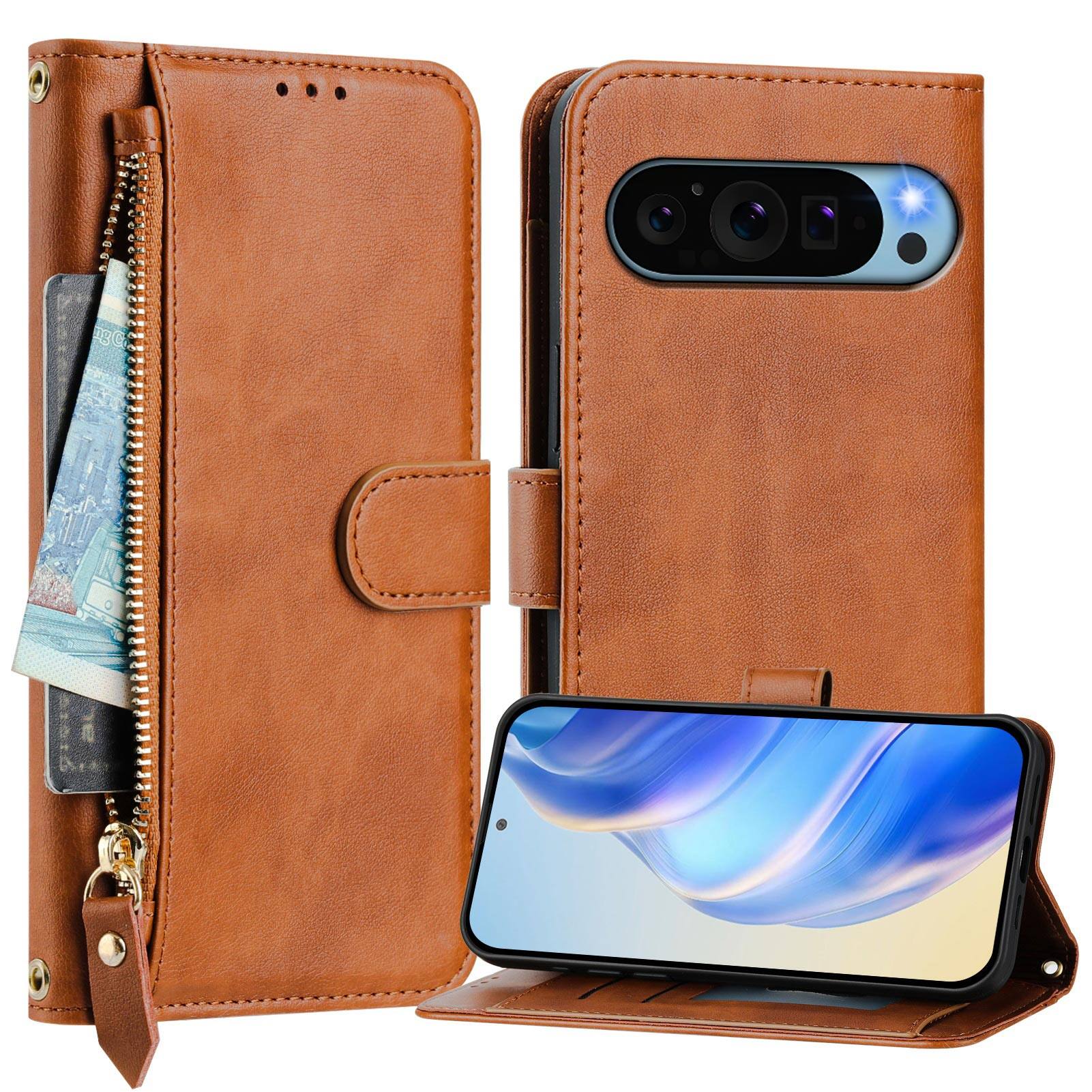 Angle. UUCOVER - Zipper Wallet Case for Google Pixel 10 /10 Pro Magnetic PU Leather Card Slots Stand Cover with Shoulder / Wrist Strap - Brown.