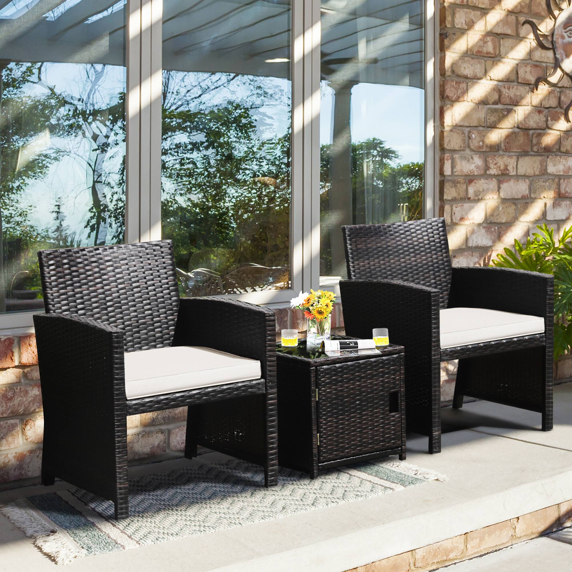 Alt View 3. Costway - 3PCS Patio Wicker Furniture Set Storage Table W/Protect Cover Cushioned - Off White,Mix Brown.