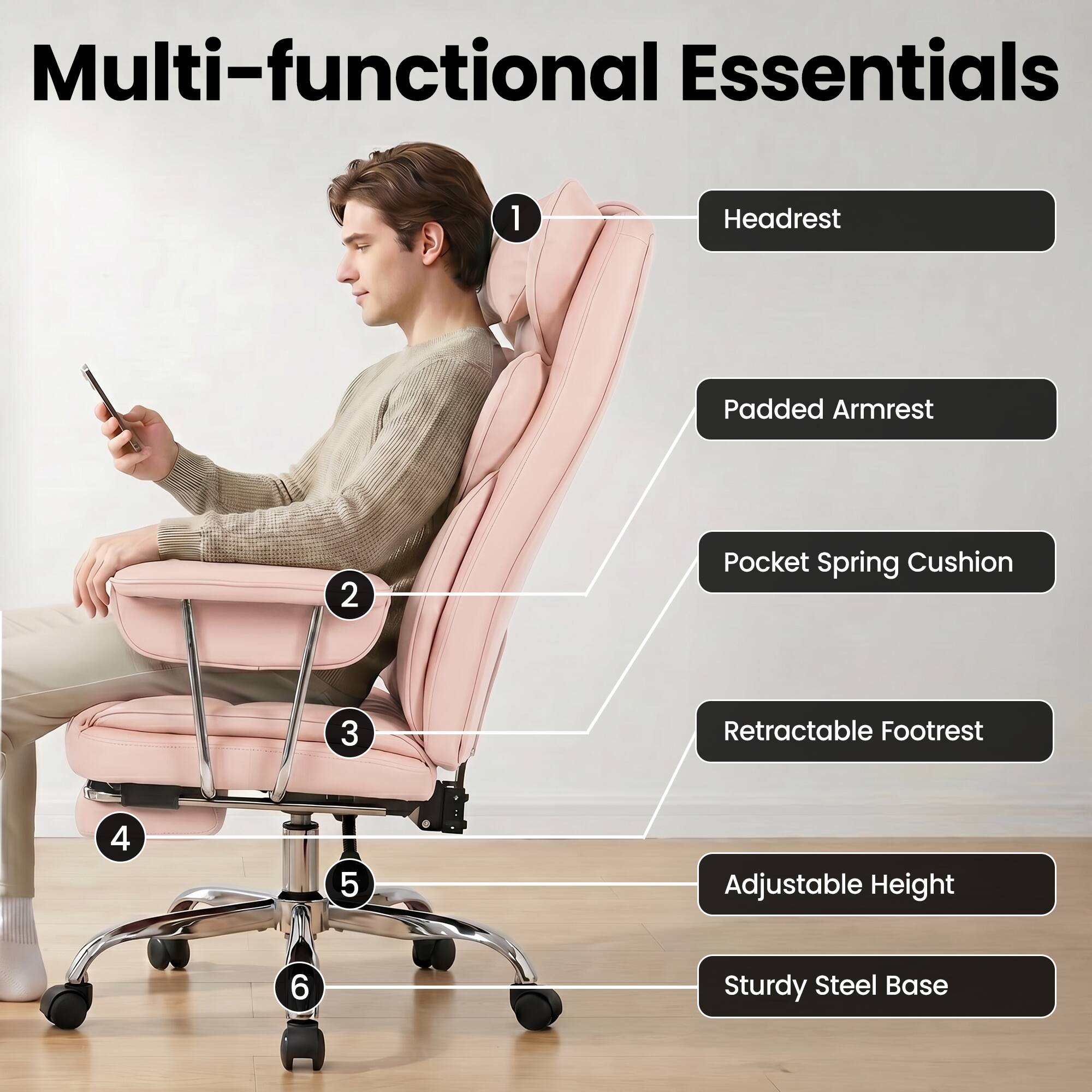 Multi-functional Essentials
1. Headrest
2. Padded Armrest
3. Pocket Spring Cushion
4. Retractable Footrest
5. Adjustable Height
6. Sturdy Steel Base