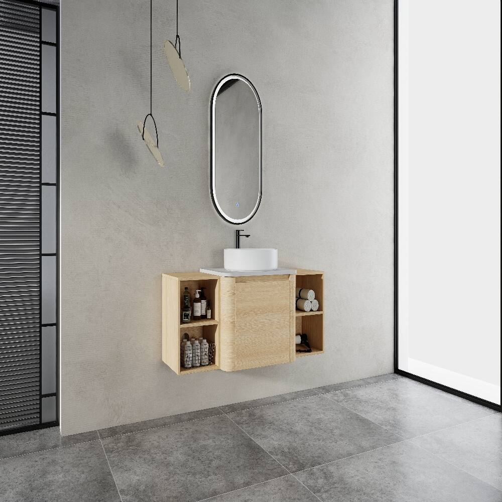 Alt View 1. Loheer - Loheer 48 inch wall mounted bathroom vanity with storage shelves, american white oak floating vanity - American White Oak.