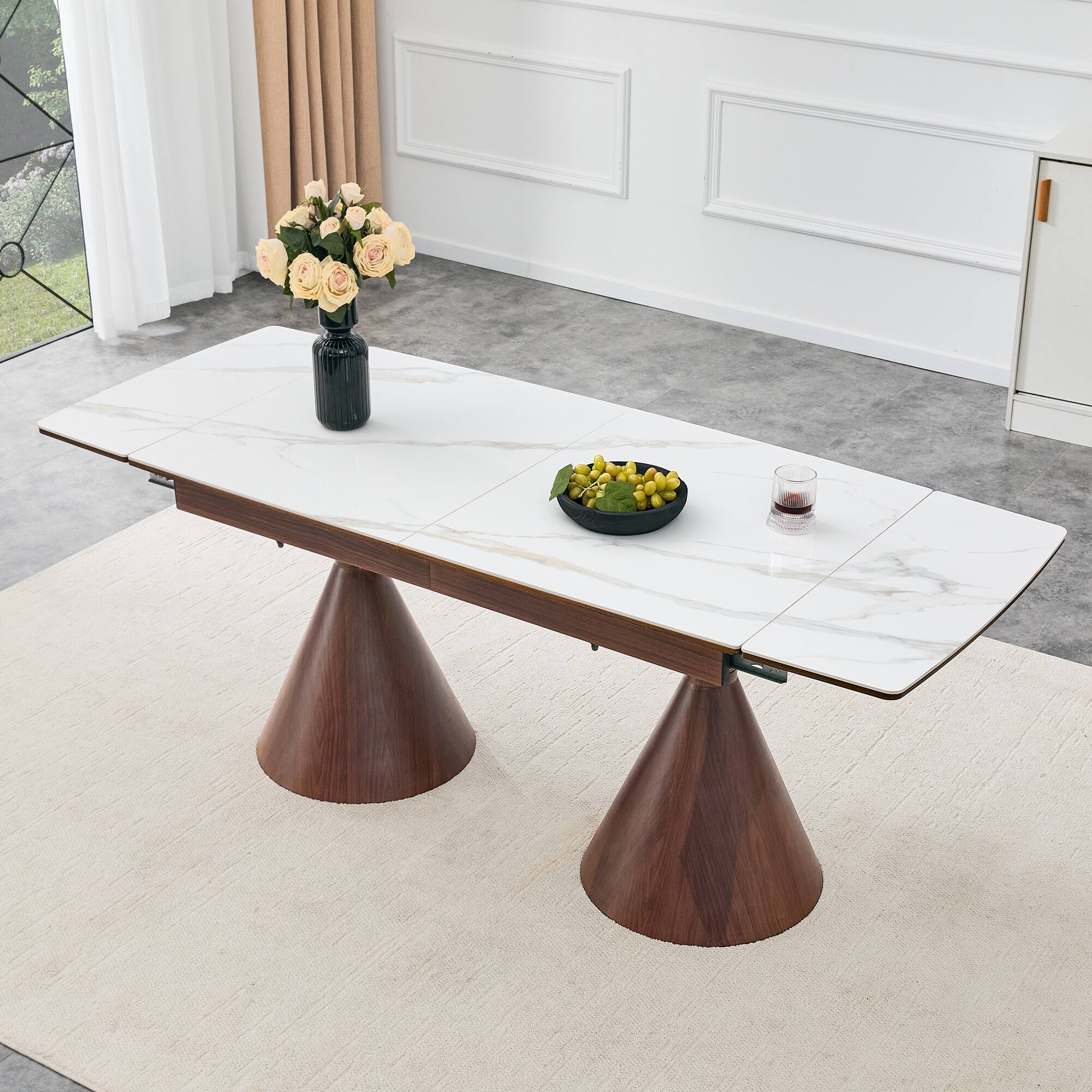 Angle. Anysun - Modern Extendable Stone-Top Dining Table – Marble-Patterned Tabletop with Tapered Metal Legs, Rectangular - Walnut, White.