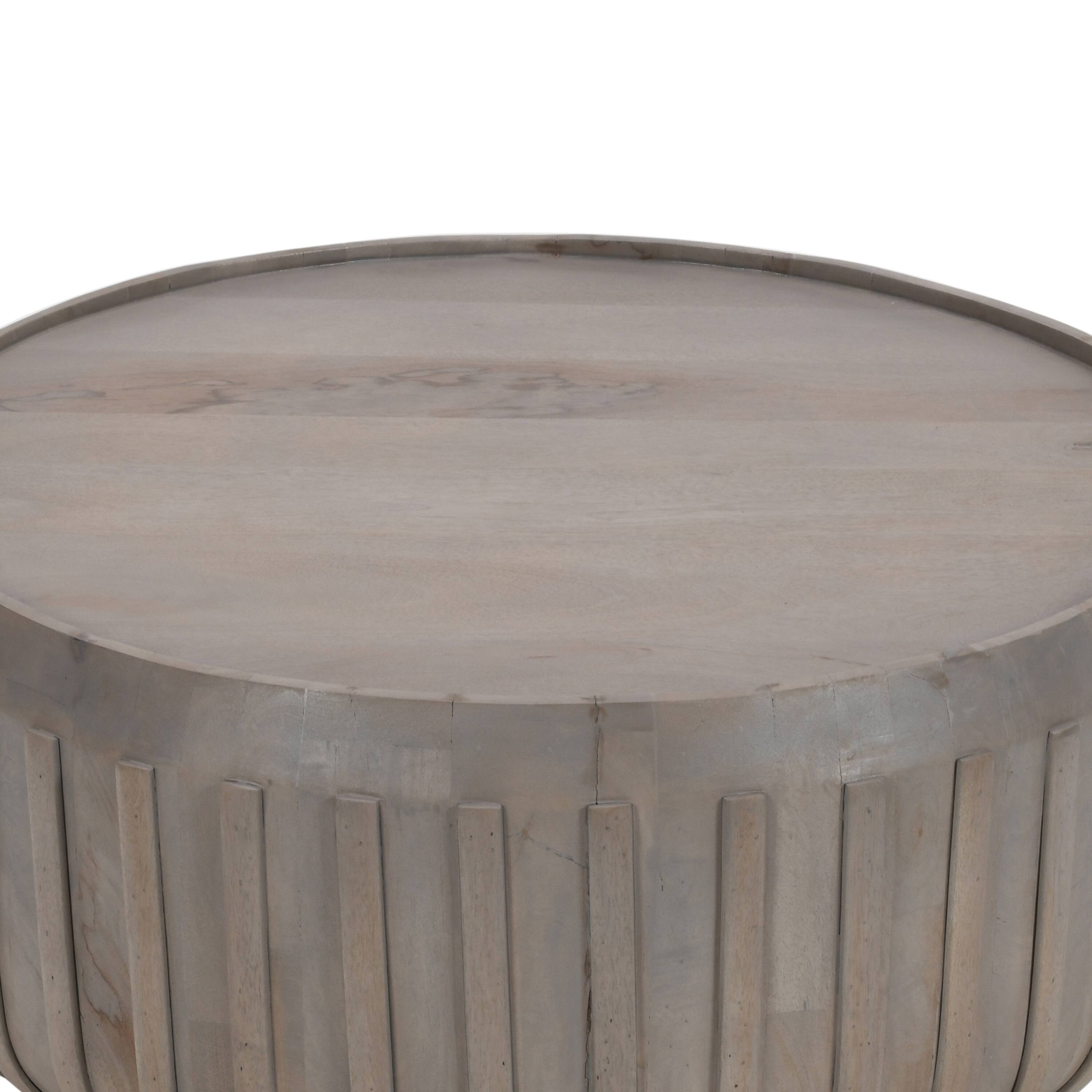 Alt View 3. Manhattan Lane - Alisha 36 Inch Coffee Table, Handcrafted Drum Shape with Ribbed Edges, Mango Wood - Gray.