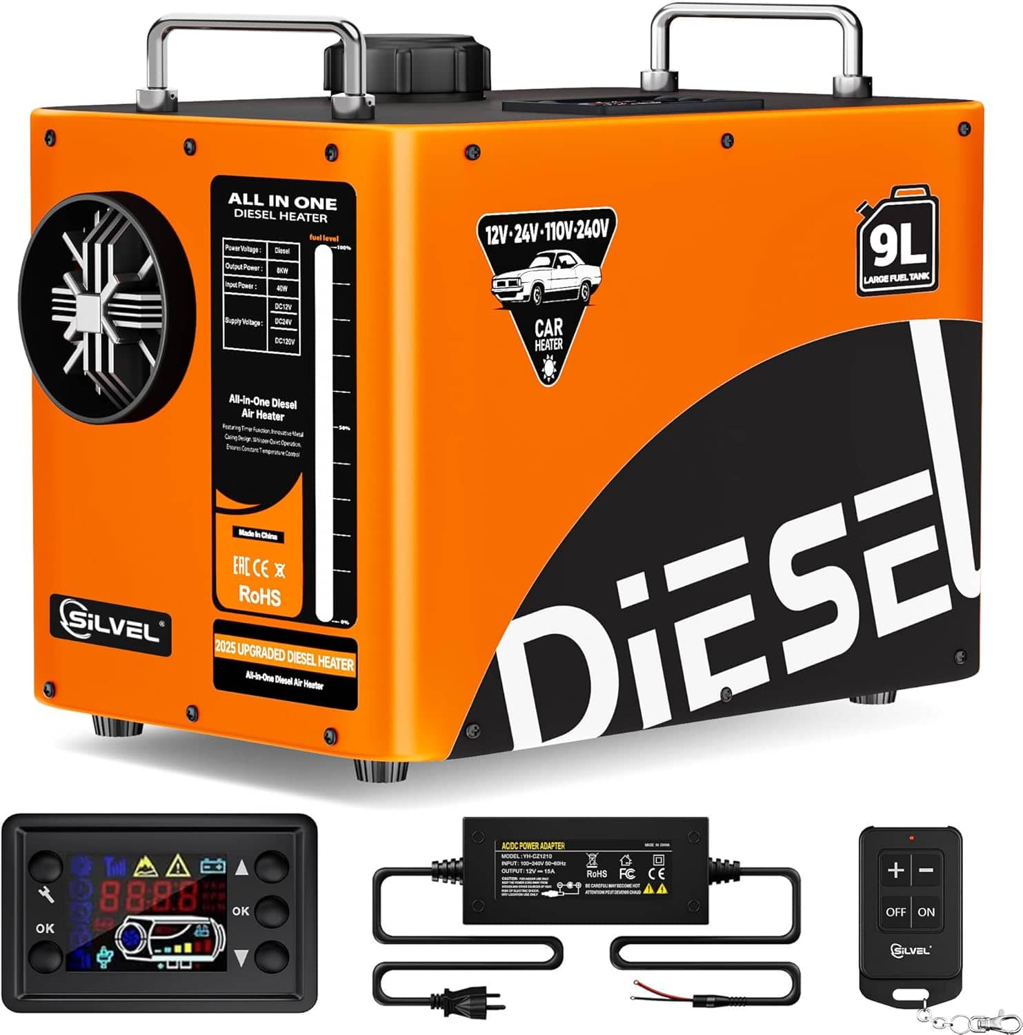 Silvel - 8KW Portable Diesel Heater, 9L 110V/12V/24V All-in-One Diesel Air Heater with LCD Screen, Remote Control - Orange