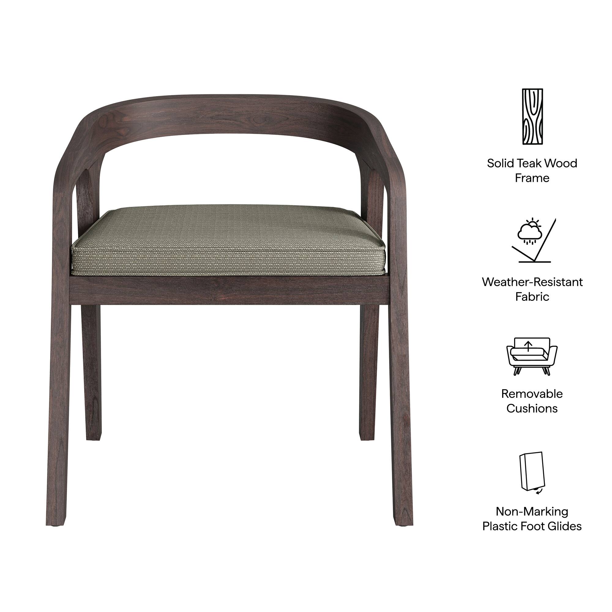 6 Solid Teak Wood Frame  
Weather-Resistant Fabric  
Removable Cushions  
Non-Marking Plastic Foot Glides