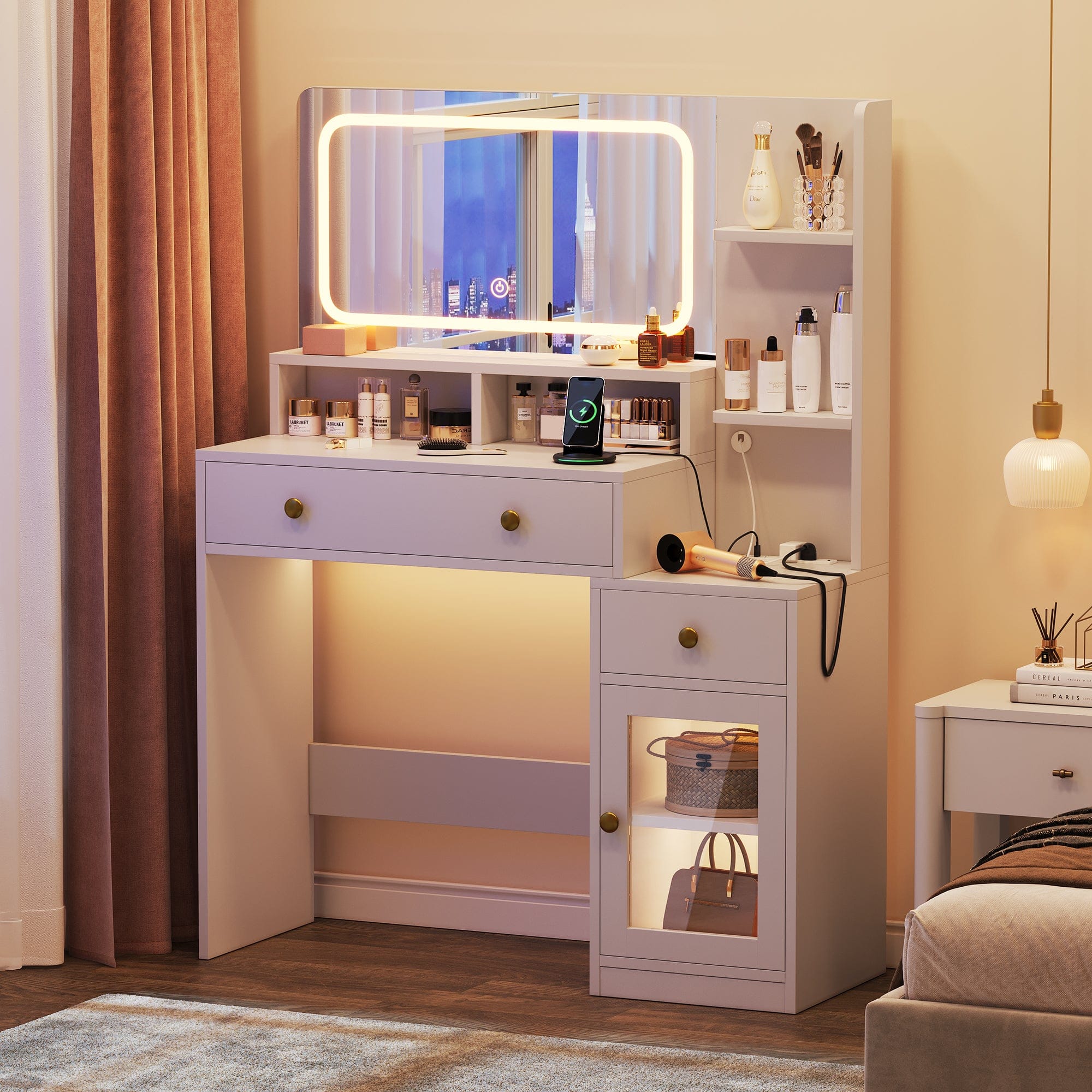 Furnulem - 35 In Vanity Desk with Mirror and Lights Makeup Vanity with Drawers - White