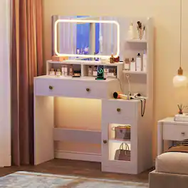 Furnulem - 35 In Vanity Desk with Mirror and Lights Makeup Vanity with Drawers - White