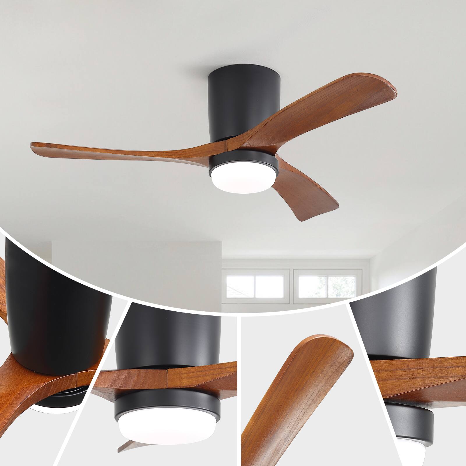 Alt View 4. Sofucor - 42in Modern Quiet Ceiling Fans with Lights and Remote 6 Gear Wind Speed Solid Wood Blades for Indoor Bedroom Dining Room - Black Walnut Wood.