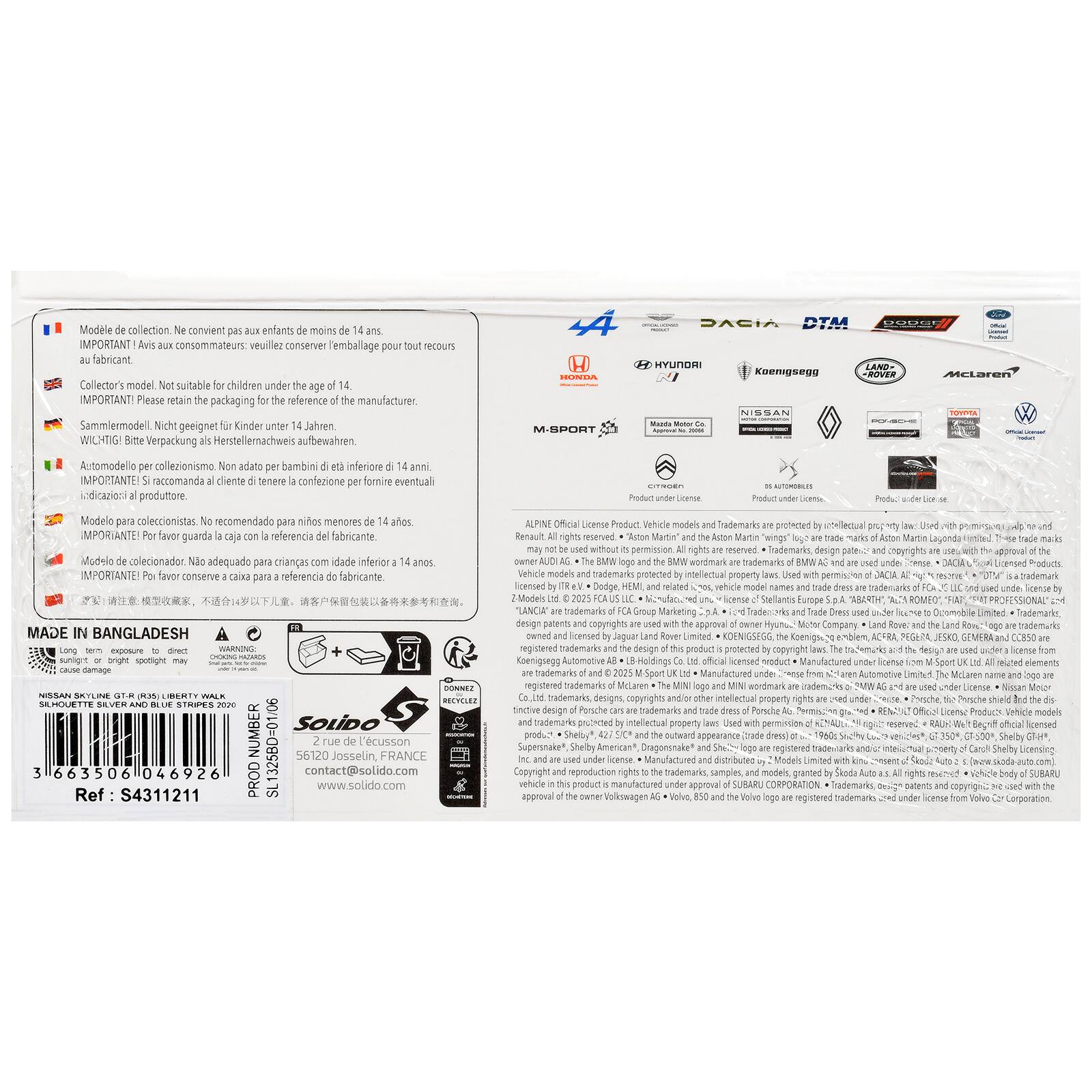 Modelle de collection. Ne convient pas aux enfants de moins de 14 ans. IMPORTANT! Aux autres consommateurs: veuillez conserver l'emballage pour toute référence au fabricant. Collector's model. Not suitable for children under the age of 14. IMPORTANT! Please retain the packaging for the reference of the manufacturer. Sammiermodell. Nicht geeignet für Kinder unter 14 Jahren. WICHTIG! Bitte Verpackung als Herstellernachweis aufbewahren. Automodello per collezionismo. Non adatto per bambini eletta inferiore ai 14 anni. IMPORTANT! Si raccomanda all'cliente di tenere la confezione per eventuali richieste al produttore. Modelo para coleccionistas. No recomendado para niños menores de 14 años. IMPORTANT! Por favor guarde la caja para referencia del fabricante. Mudeio colecionador adequado para crianças idade inferior. IMPORTANT! conserve referencia fabricante.