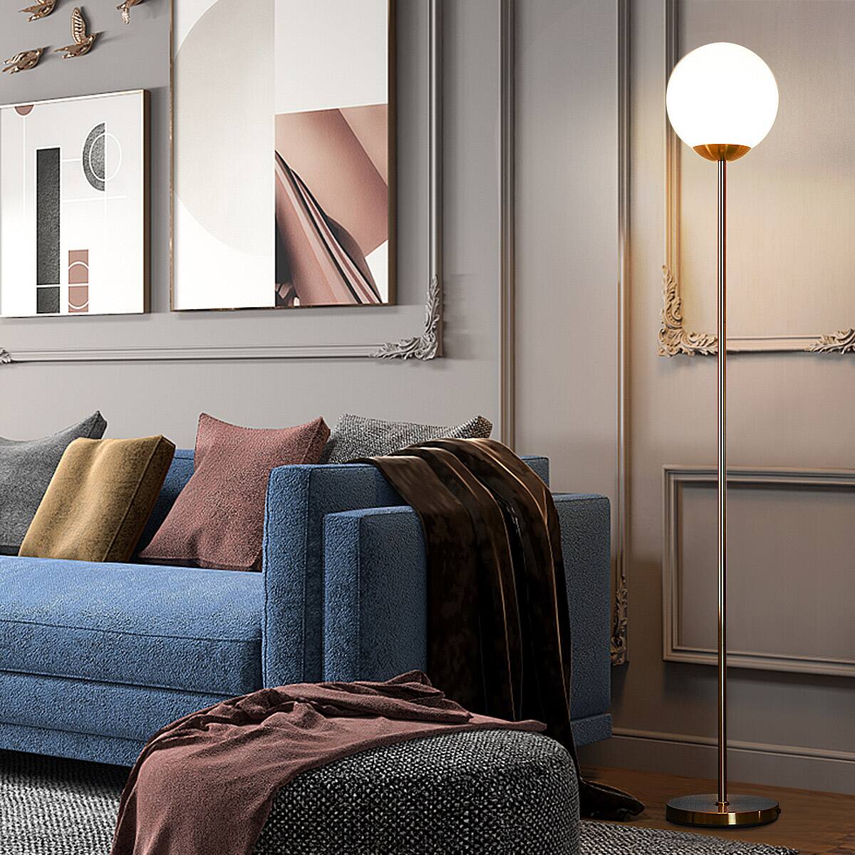 Alt View 1. Costway - Costway 67" Frosted Glass Globe Floor Lamp w/ 9W LED Bulb for Living Room Bedroom Office - Antique Brass,White.