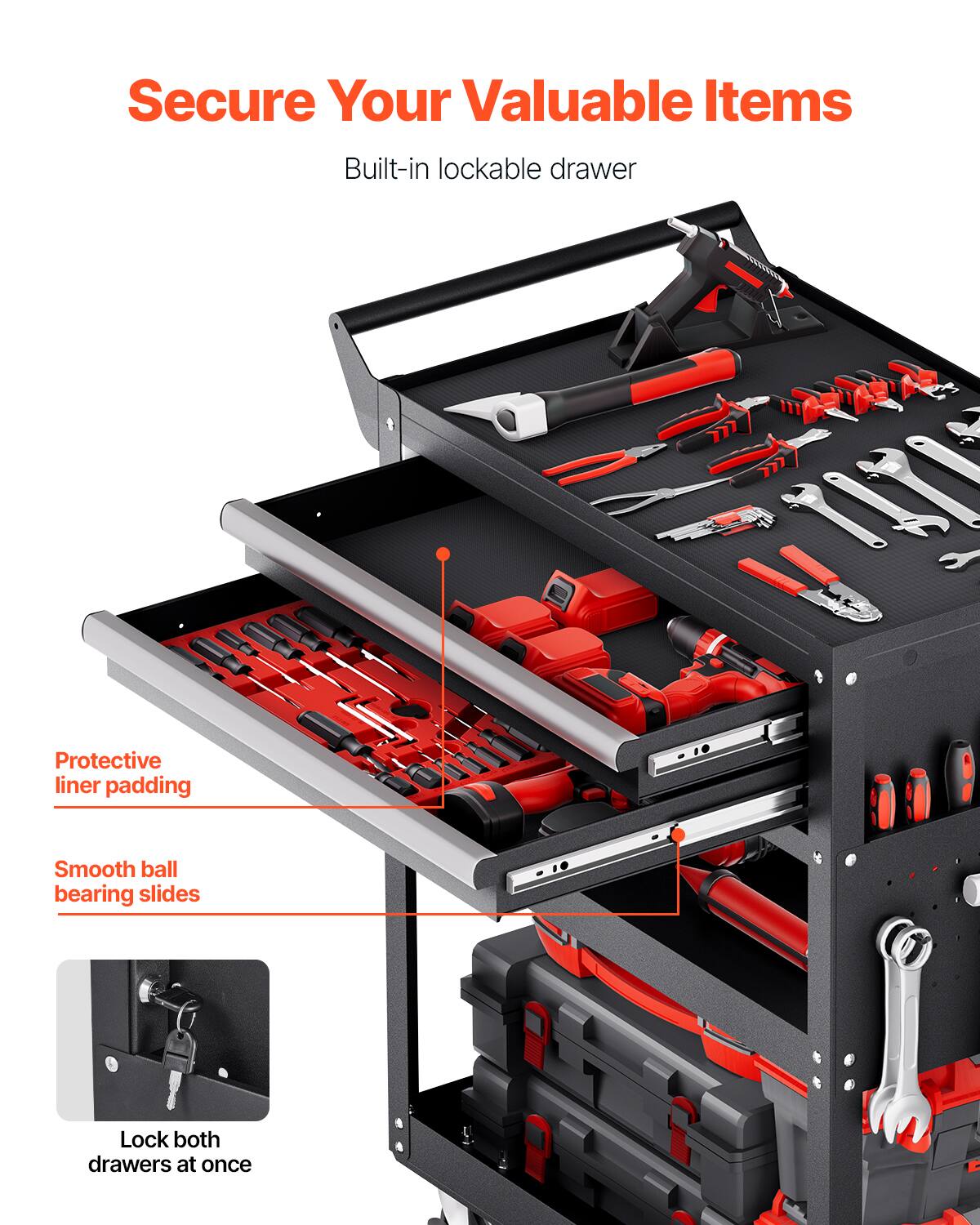 Secure Your Valuable Items

Built-in lockable drawer

Protective liner padding

Smooth ball bearing slides

Lock both drawers at once