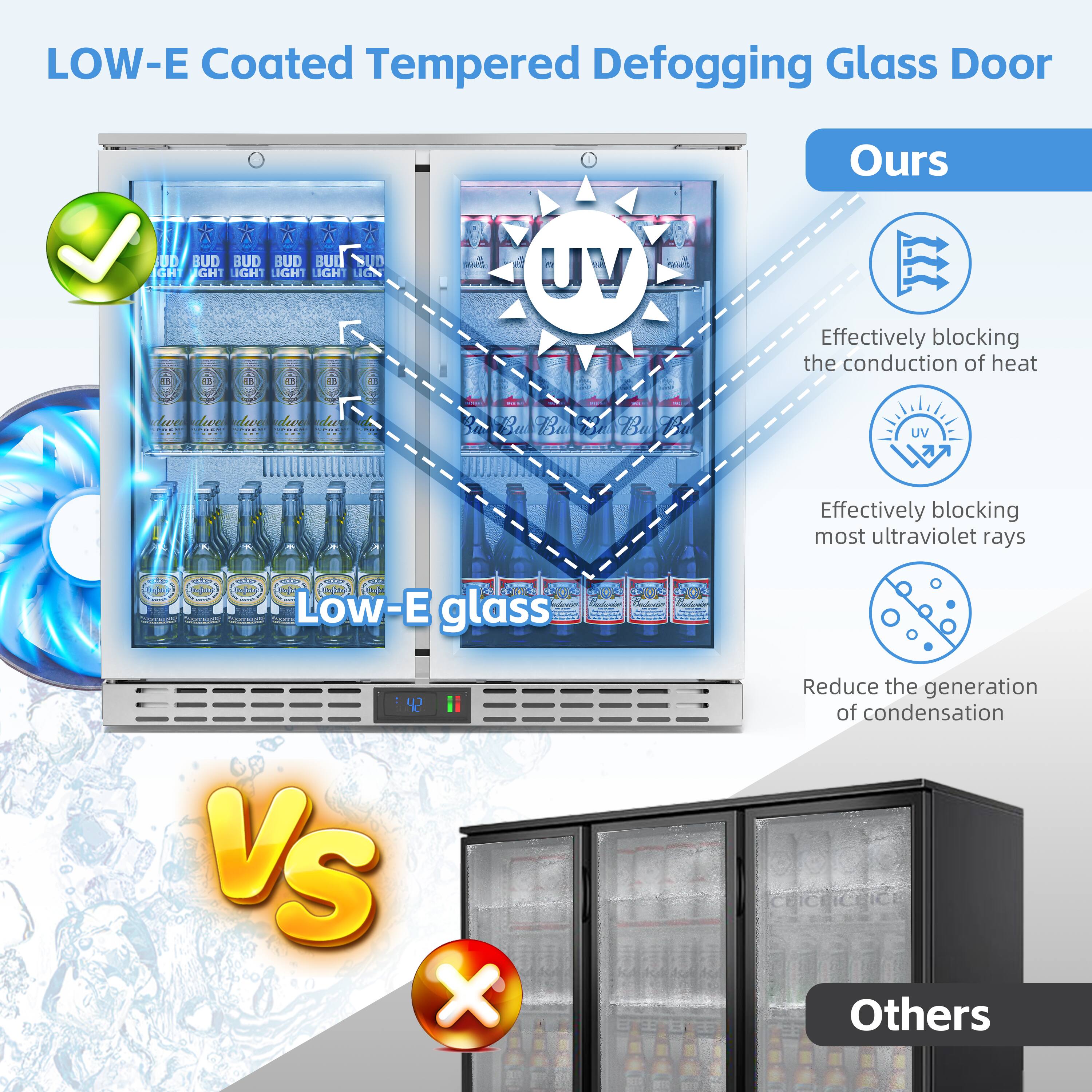 LOW-E Coated Tempered Defogging Glass Door

Ours

- Effectively blocking the conduction of heat
- Effectively blocking most ultraviolet rays
- Reduce the generation of condensation

Others

LOW-E glass

Effectively blocking the conduction of heat

Effectively blocking most ultraviolet rays

Reduce the generation of condensation
