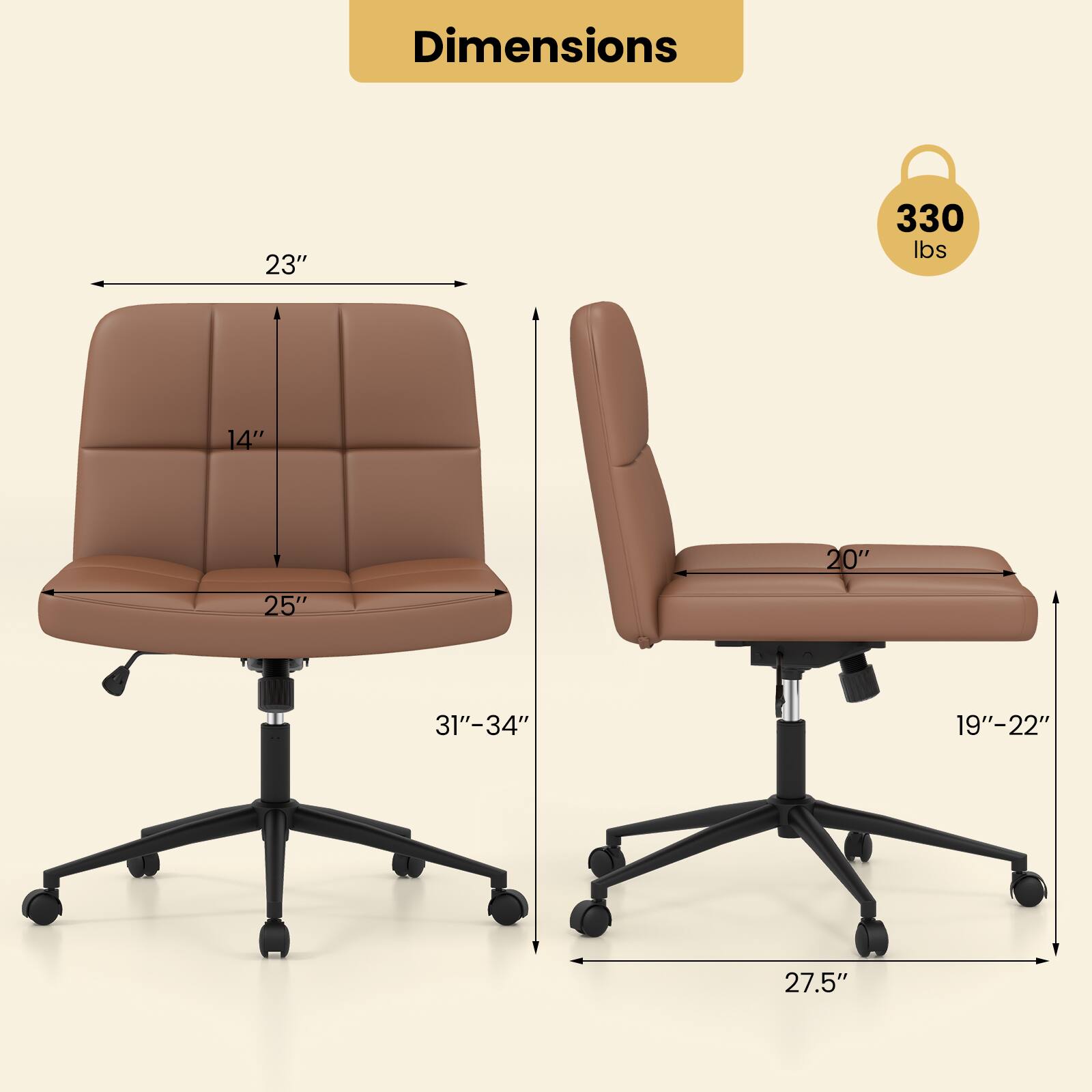 Dimensions: 23" x 330 lbs, 14" x 20", 25" x 31"-34", 19"-22" x 27.5".